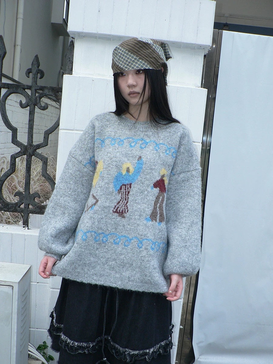 ang project Relaxed Loose Fit Pullover Printed Crewneck Long Sleeve Girls Navy Gray Sweater
