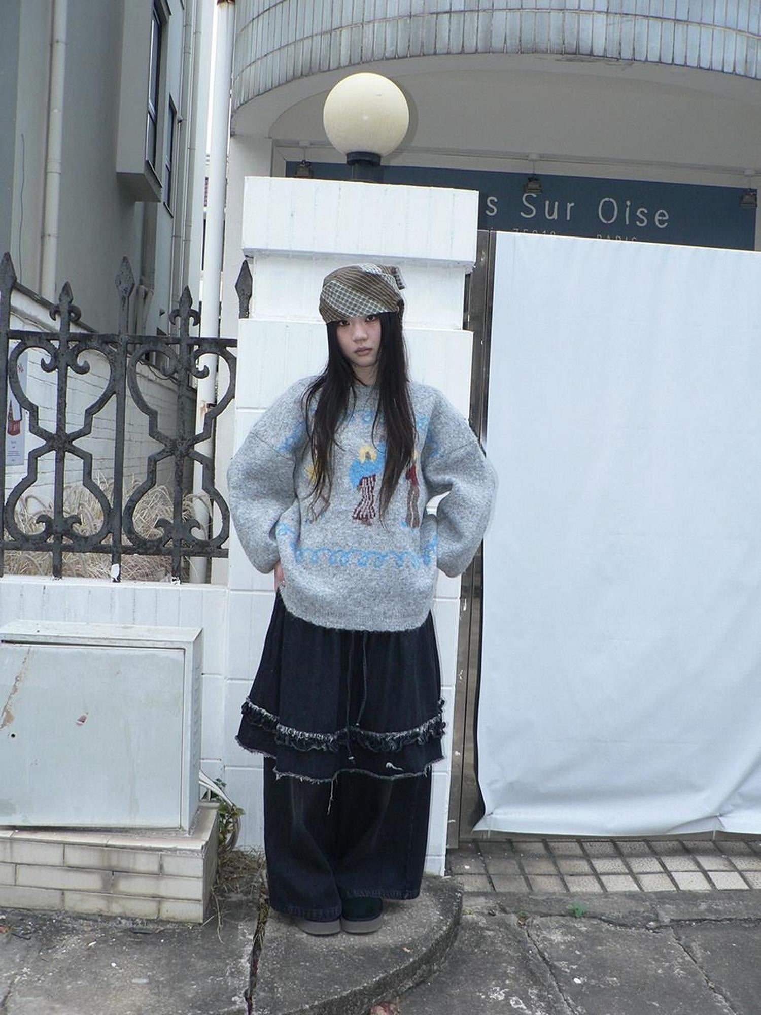 ang project Relaxed Loose Fit Pullover Printed Crewneck Long Sleeve Girls Navy Gray Sweater
