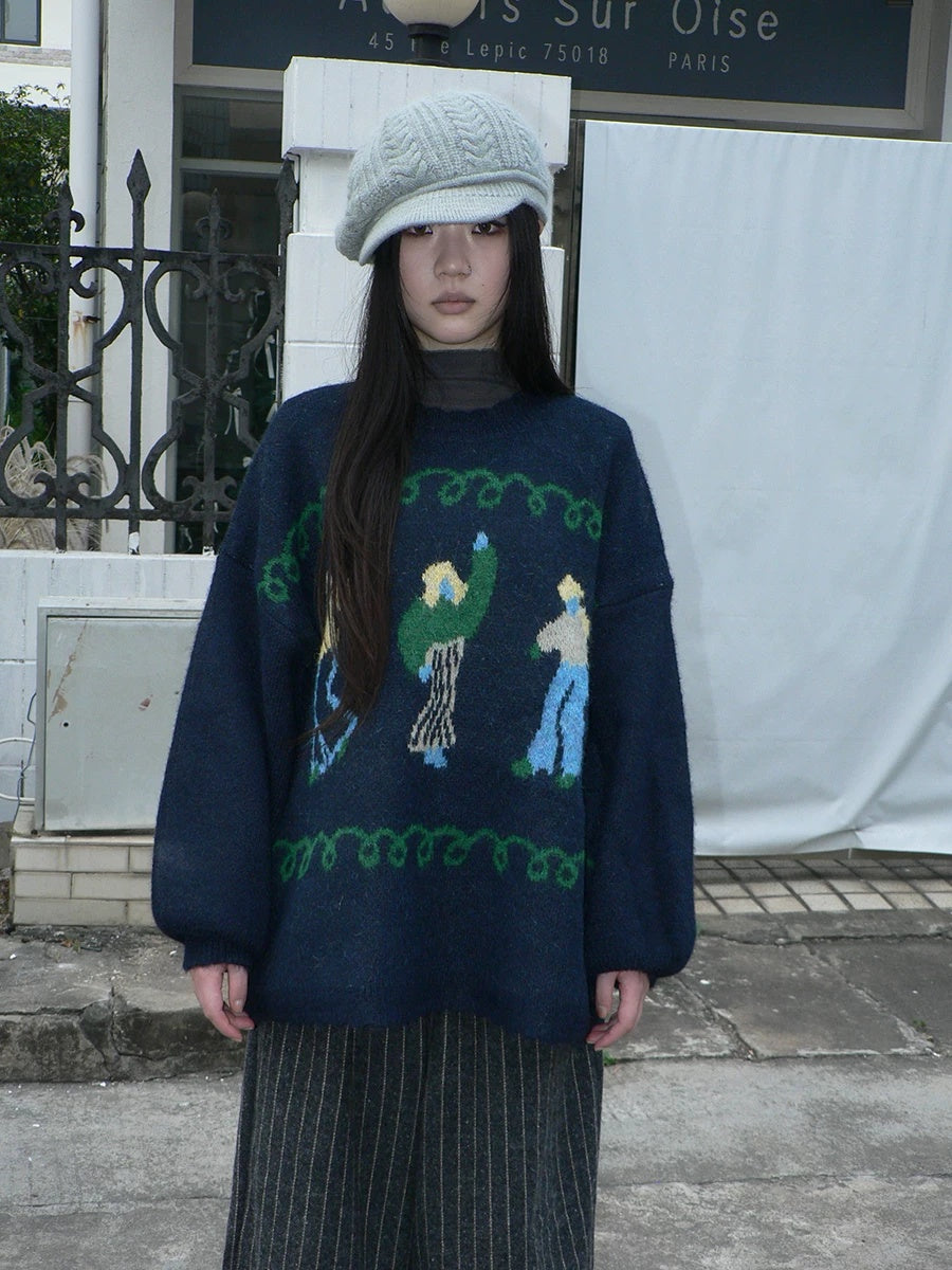 ang project Relaxed Loose Fit Pullover Printed Crewneck Long Sleeve Girls Navy Gray Sweater