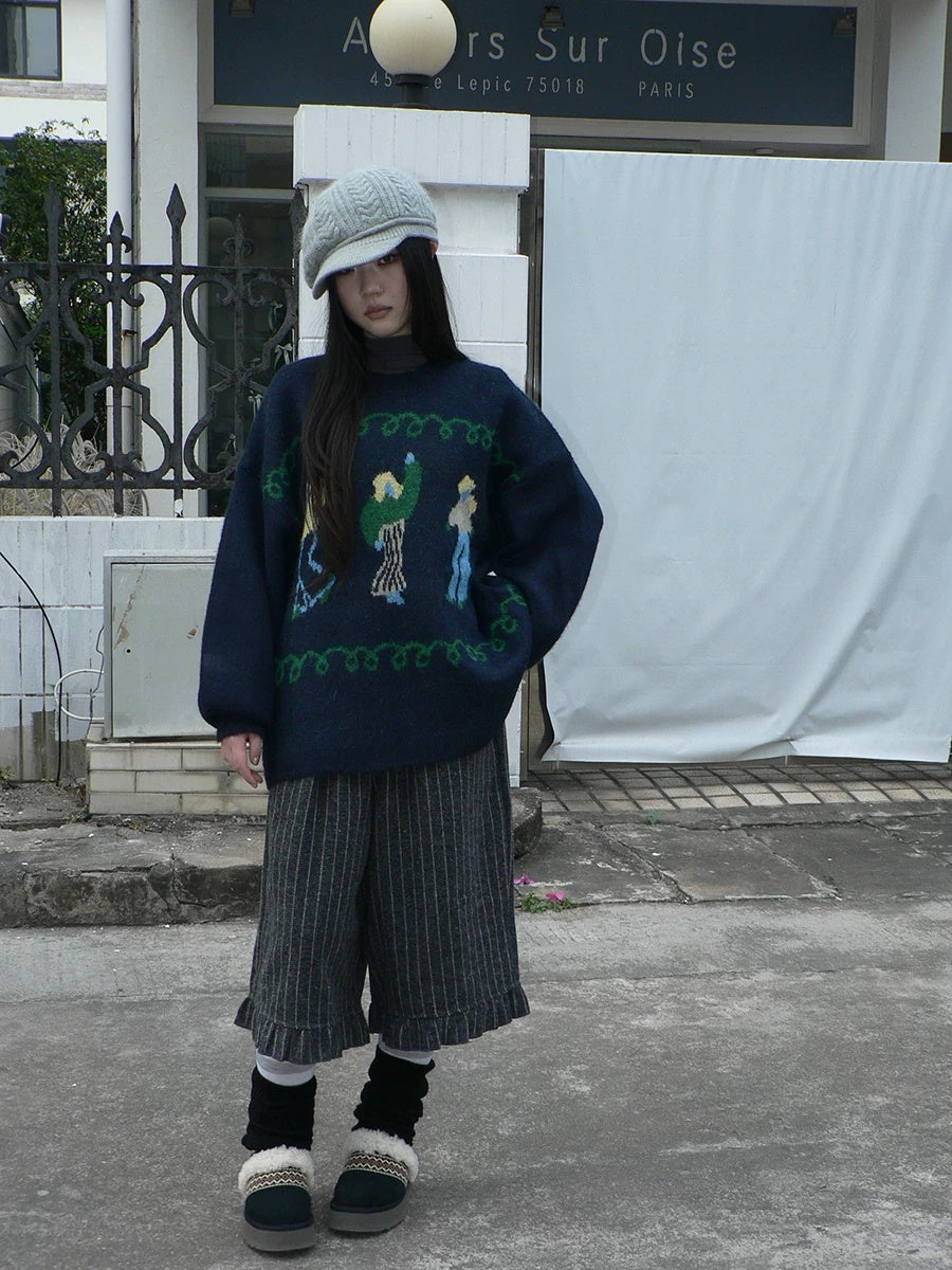 ang project Relaxed Loose Fit Pullover Printed Crewneck Long Sleeve Girls Navy Gray Sweater