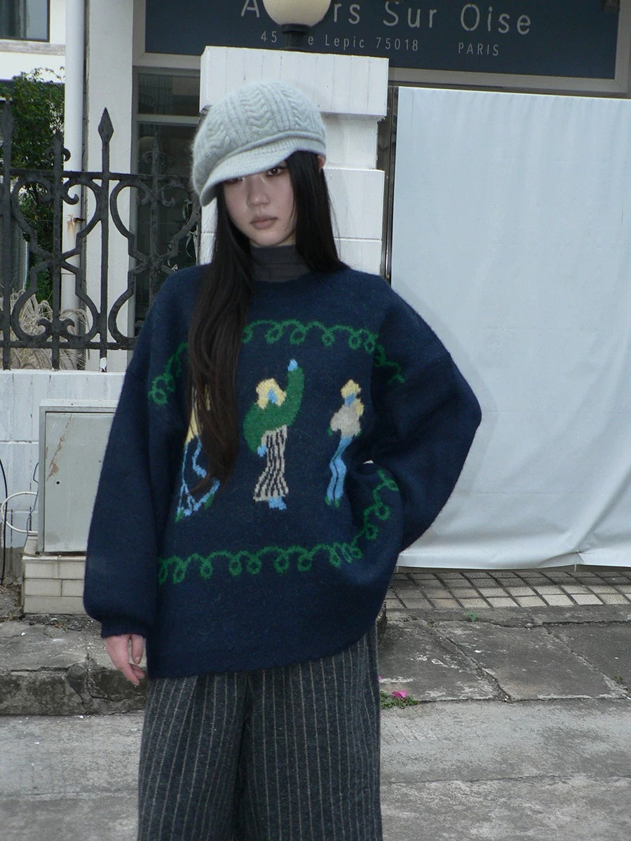 ang project Relaxed Loose Fit Pullover Printed Crewneck Long Sleeve Girls Navy Gray Sweater