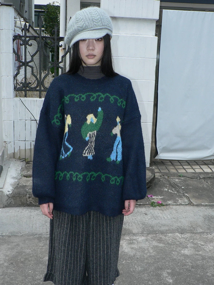 ang project Relaxed Loose Fit Pullover Printed Crewneck Long Sleeve Girls Navy Gray Sweater