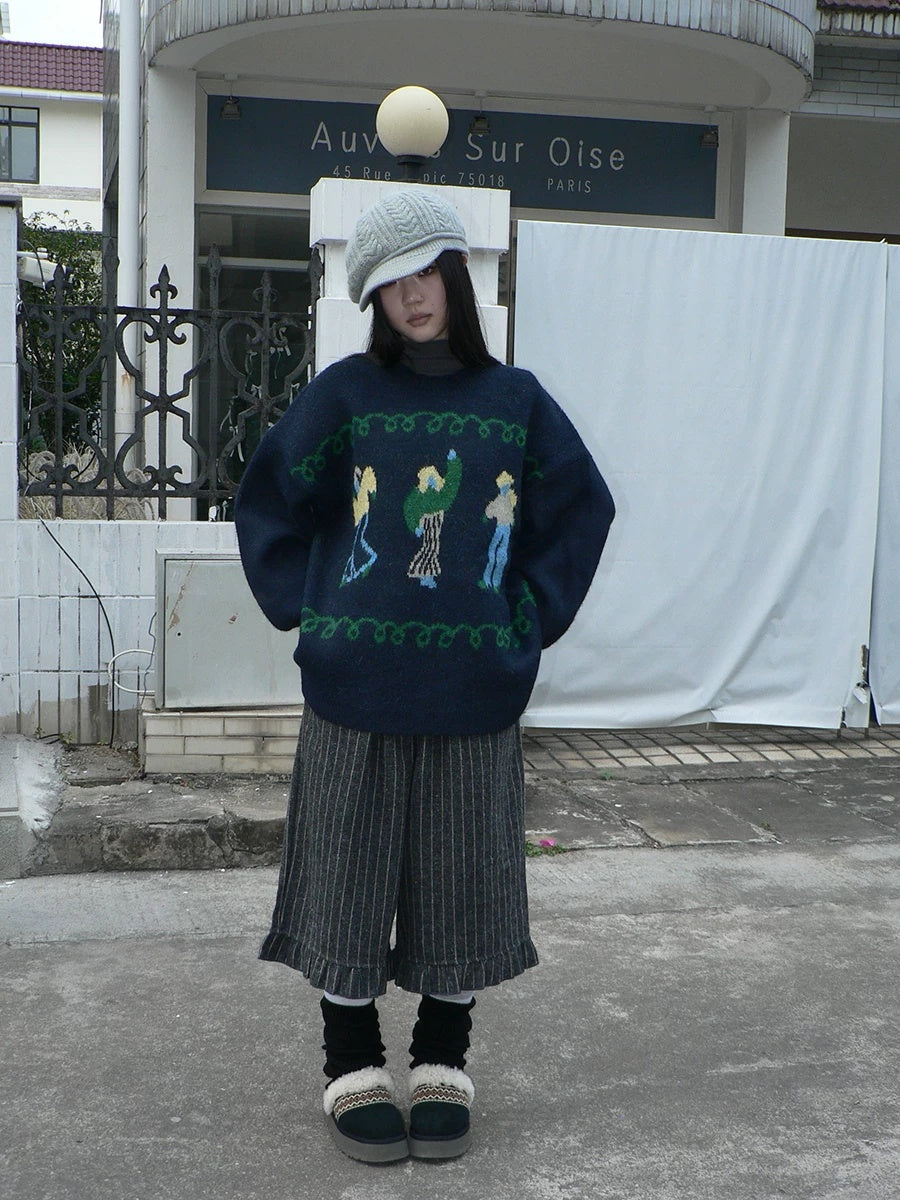 ang project Relaxed Loose Fit Pullover Printed Crewneck Long Sleeve Girls Navy Gray Sweater