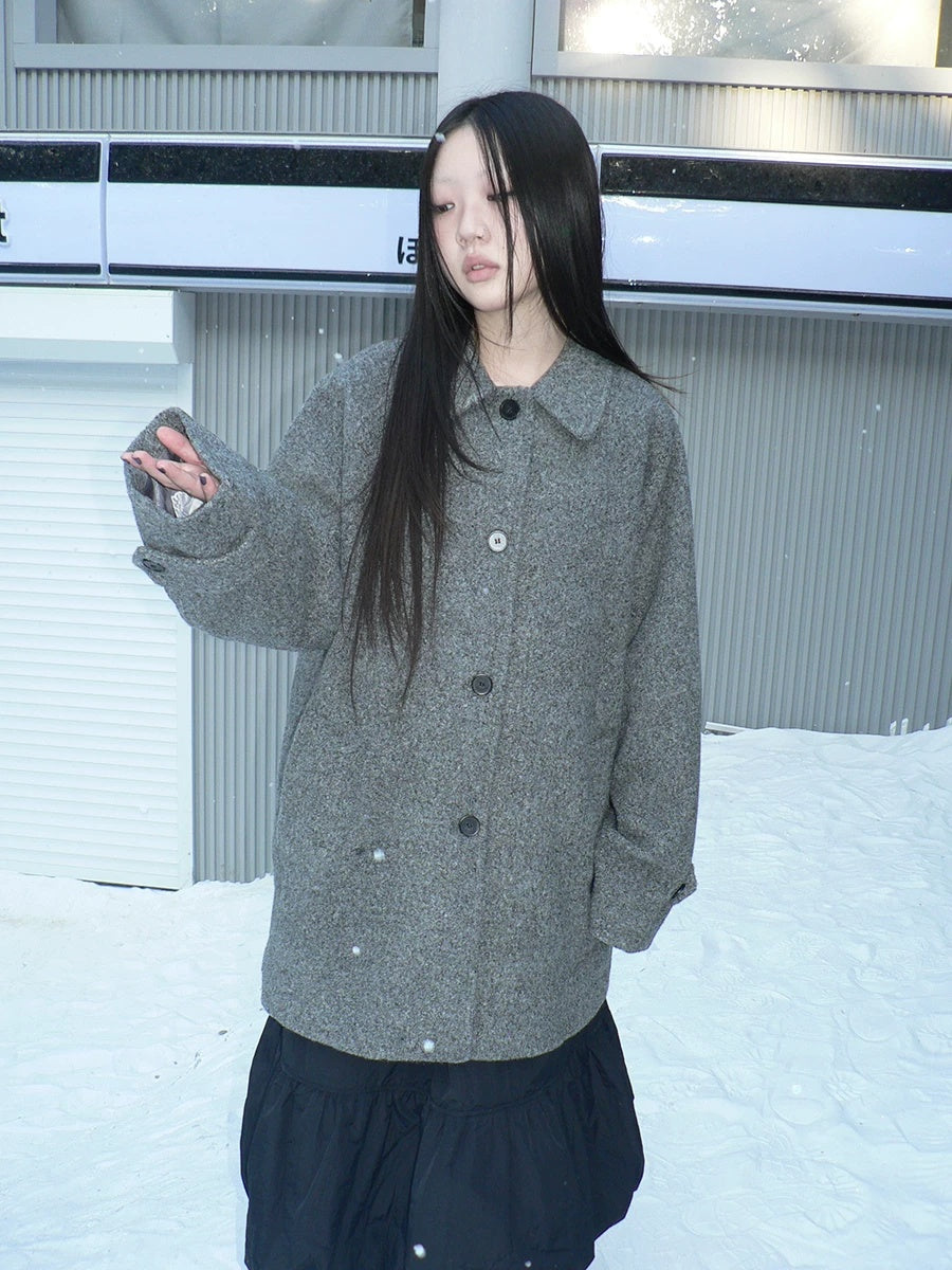 ang project Retro Commuter Straight Fit Lapel Mid Length Single Breasted Grey Women Coat