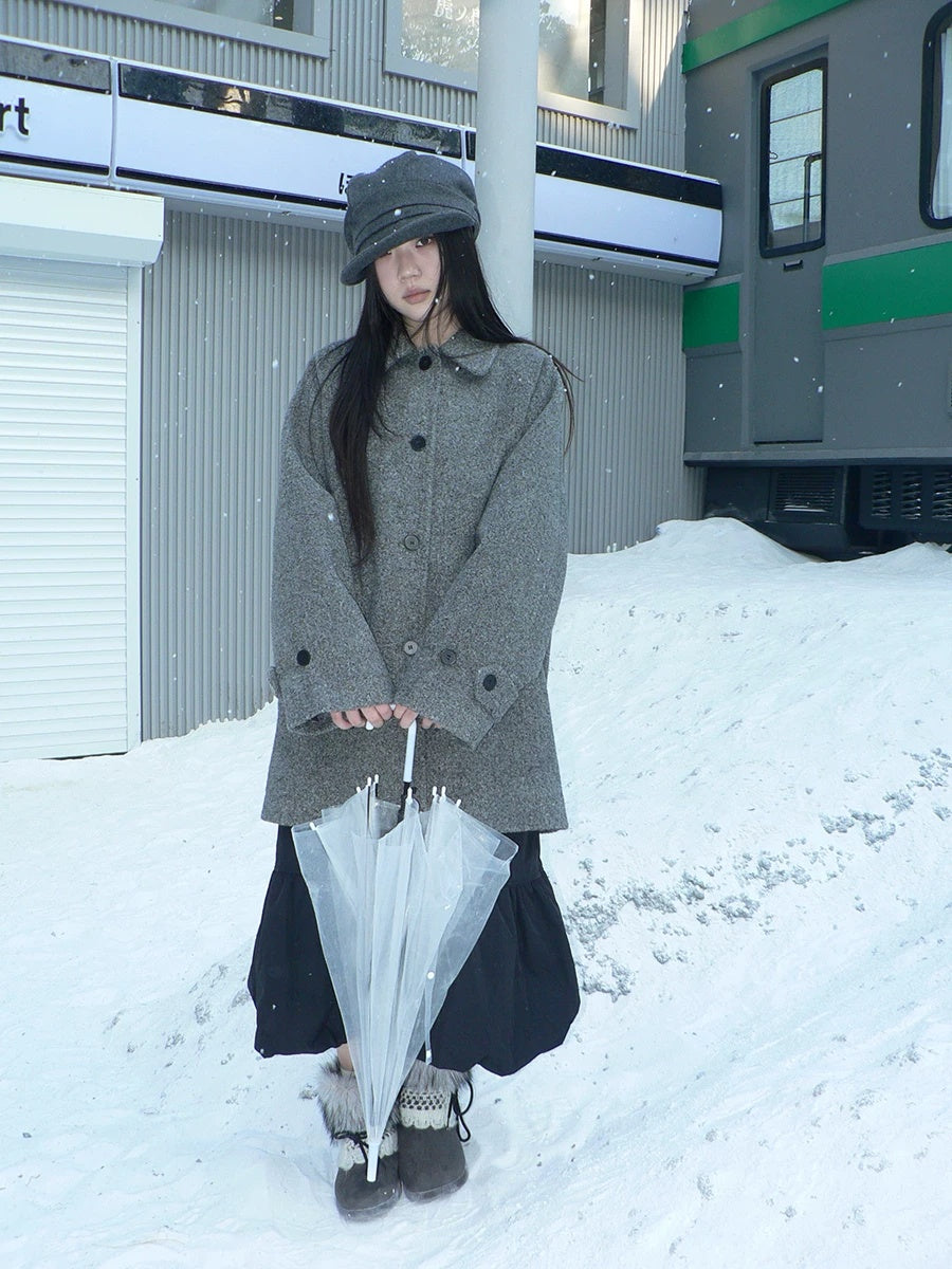 ang project Retro Commuter Straight Fit Lapel Mid Length Single Breasted Grey Women Coat
