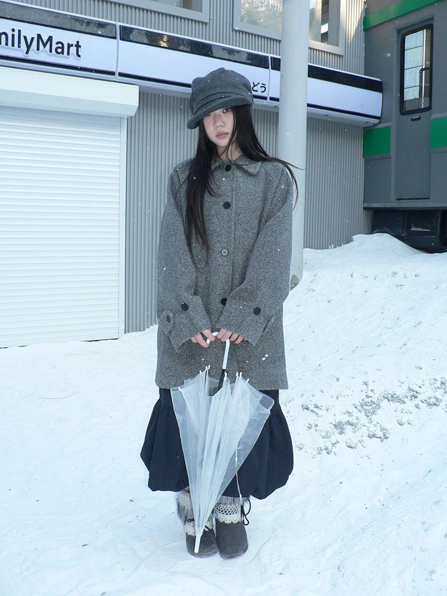 ang project Retro Commuter Straight Fit Lapel Mid Length Single Breasted Grey Women Coat