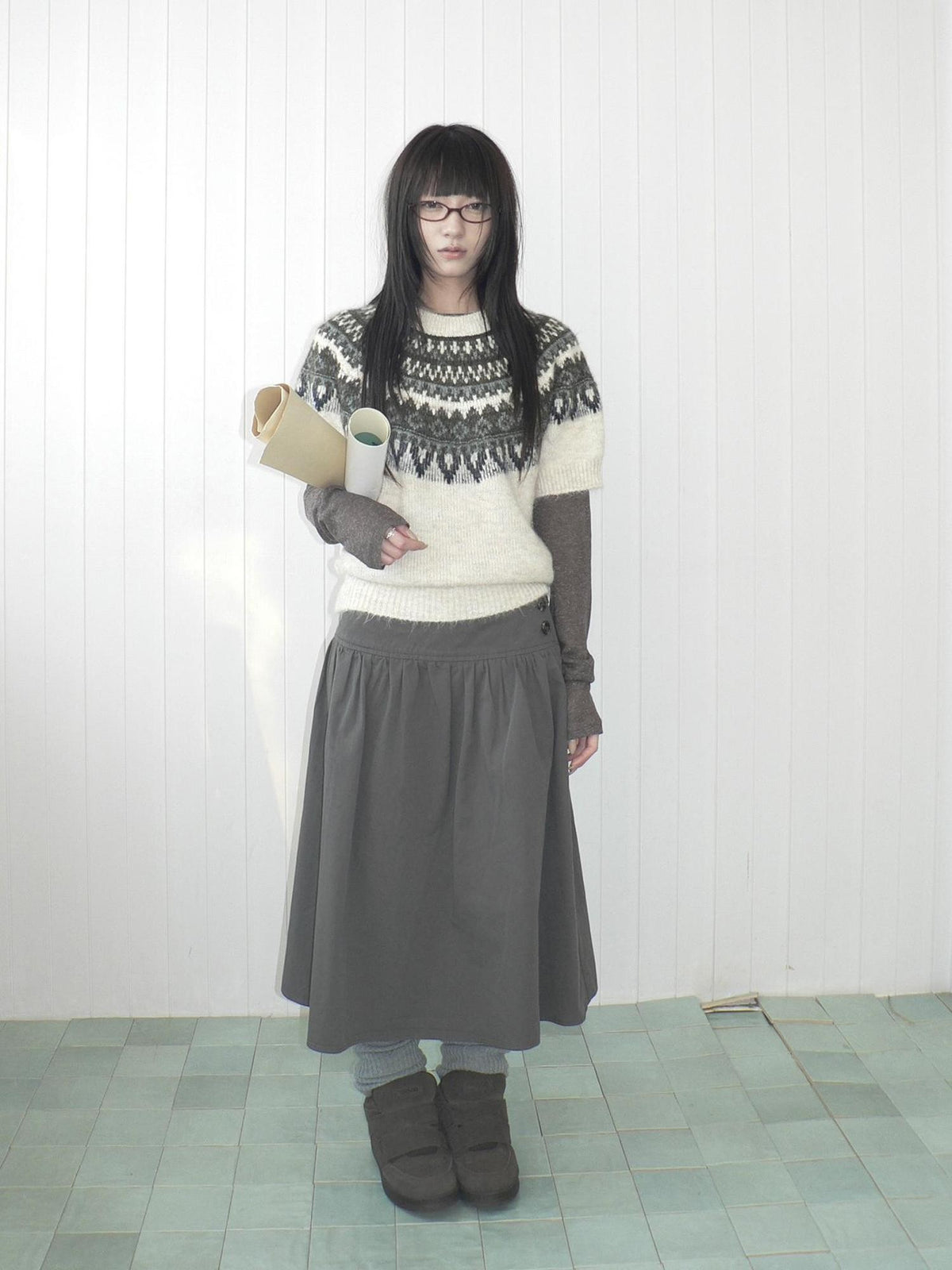 ang project Retro Fair Isle Jacquard Round Neck Knit Women&