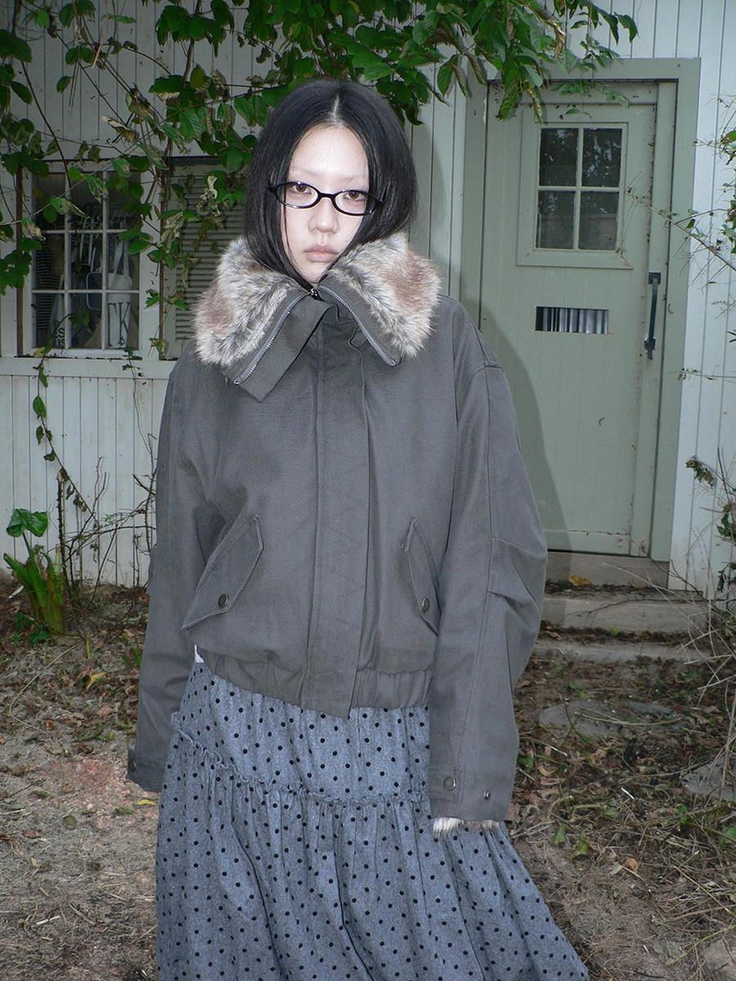 ang project Retro Fur Collar Hooded Zip Oversized Women&