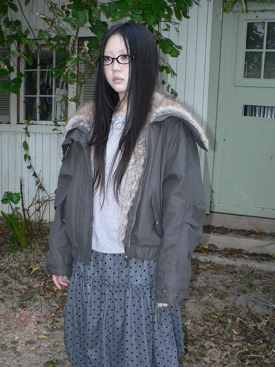 ang project Retro Fur Collar Hooded Zip Oversized Women&
