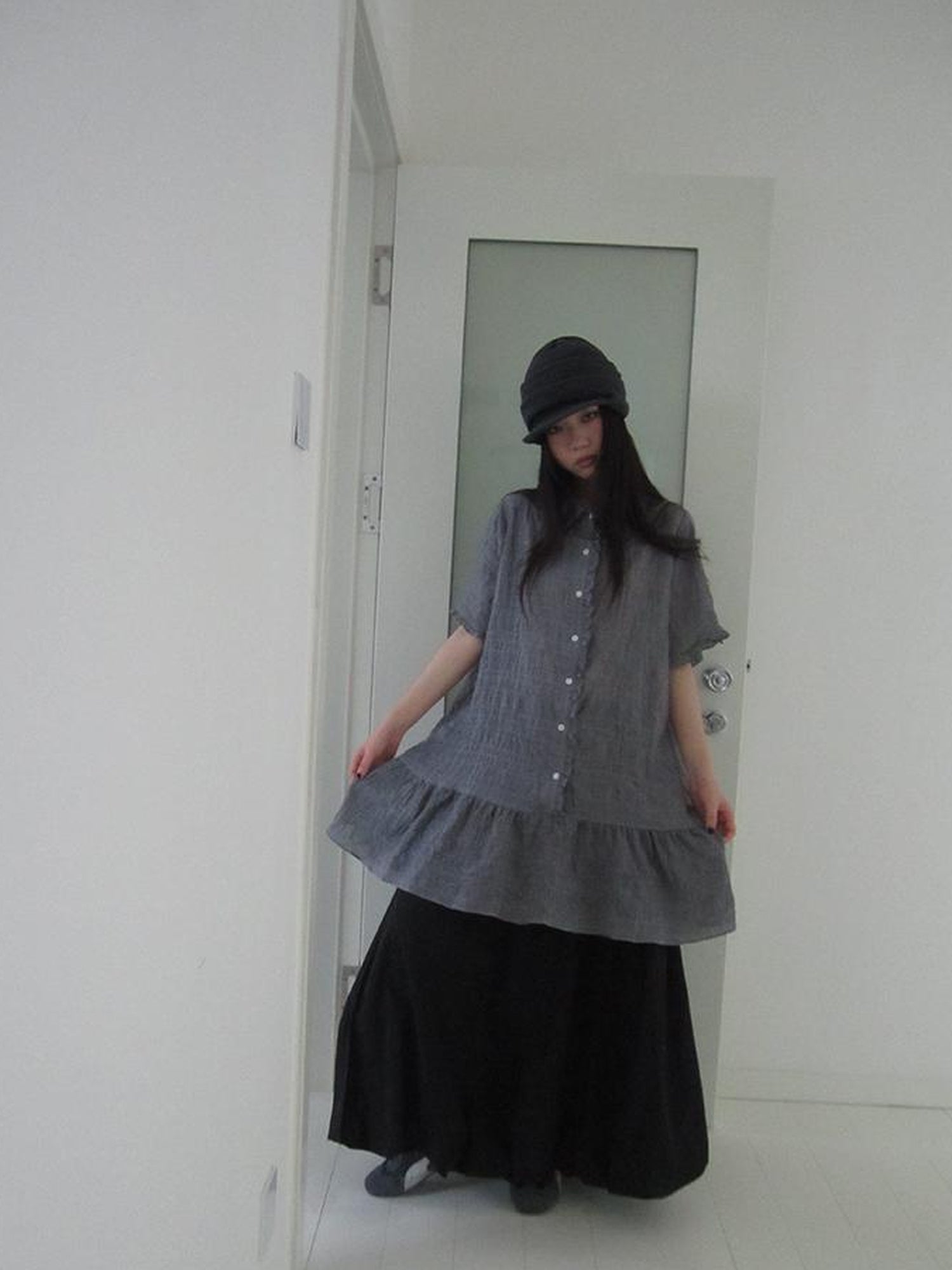 ang project Retro Gingham Collar Split Hem Short Sleeve Shirt