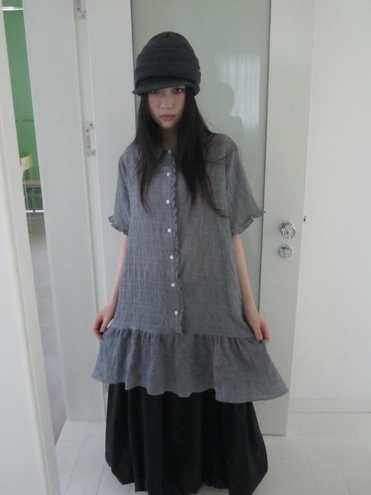 ang project Retro Gingham Collar Split Hem Short Sleeve Shirt