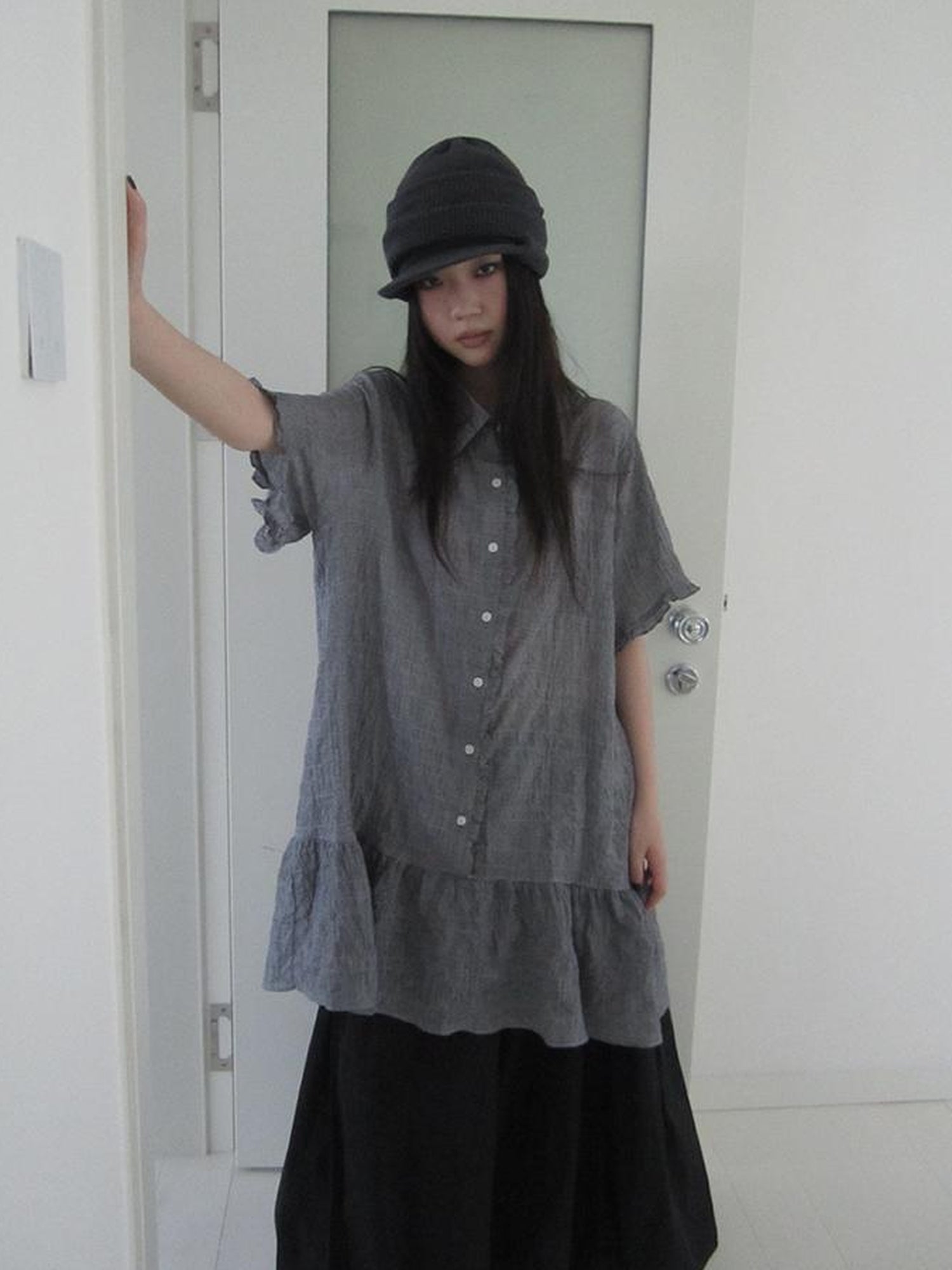 ang project Retro Gingham Collar Split Hem Short Sleeve Shirt
