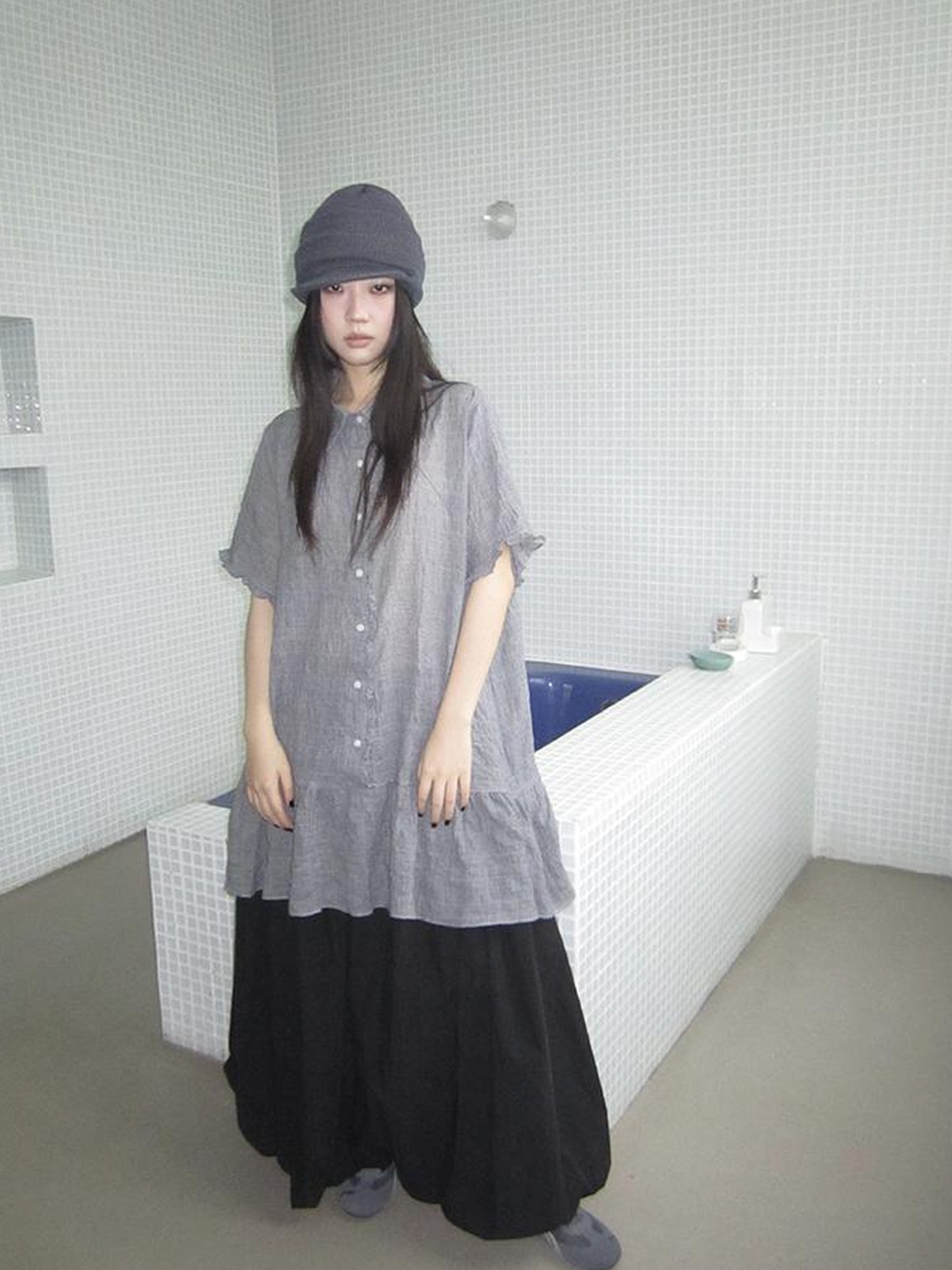 ang project Retro Gingham Collar Split Hem Short Sleeve Shirt