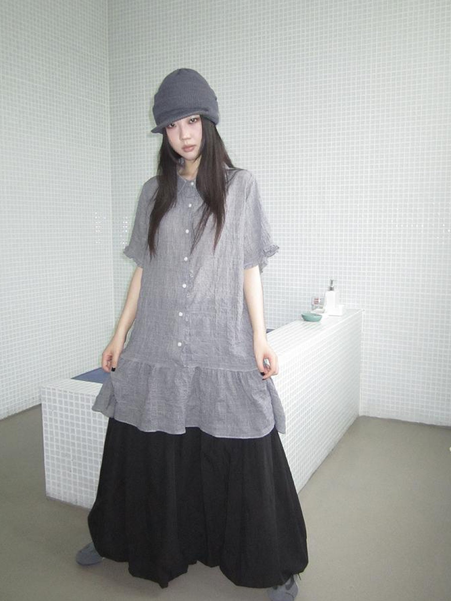 ang project Retro Gingham Collar Split Hem Short Sleeve Shirt