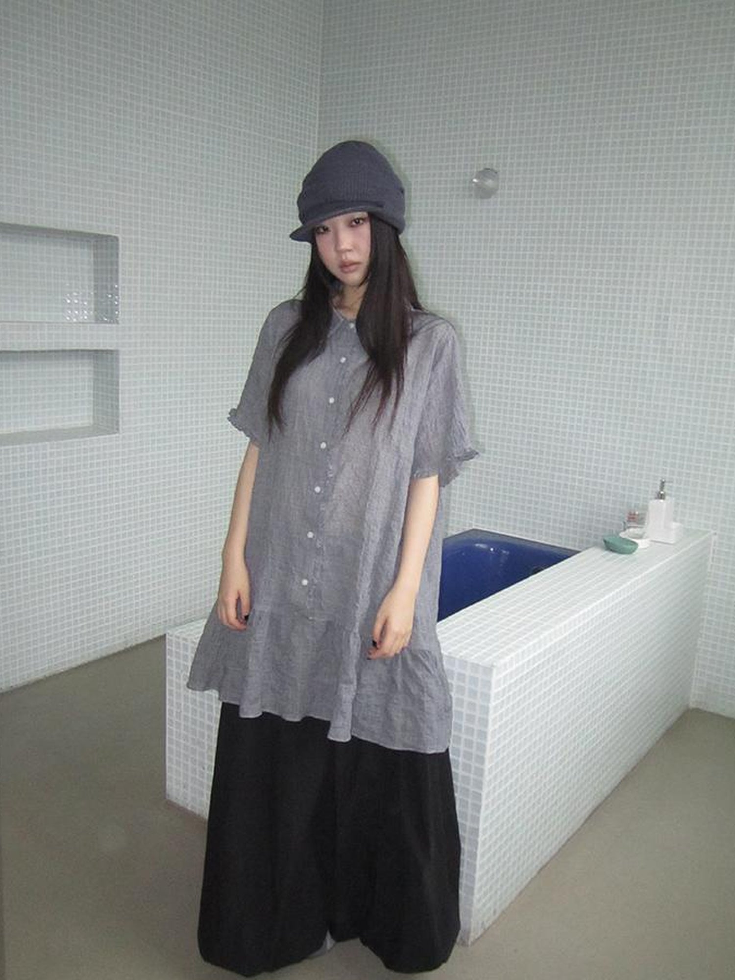 ang project Retro Gingham Collar Split Hem Short Sleeve Shirt