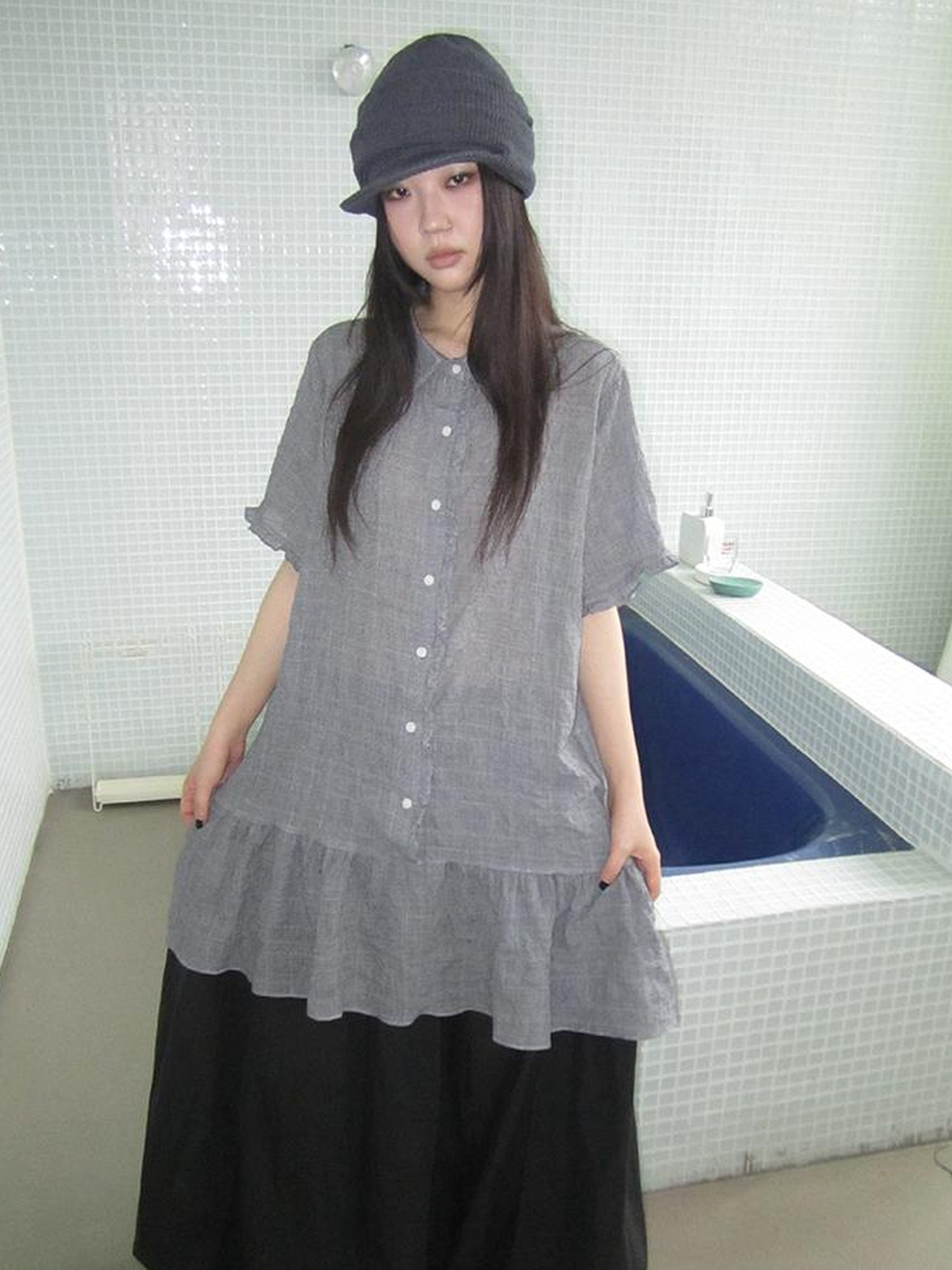 ang project Retro Gingham Collar Split Hem Short Sleeve Shirt