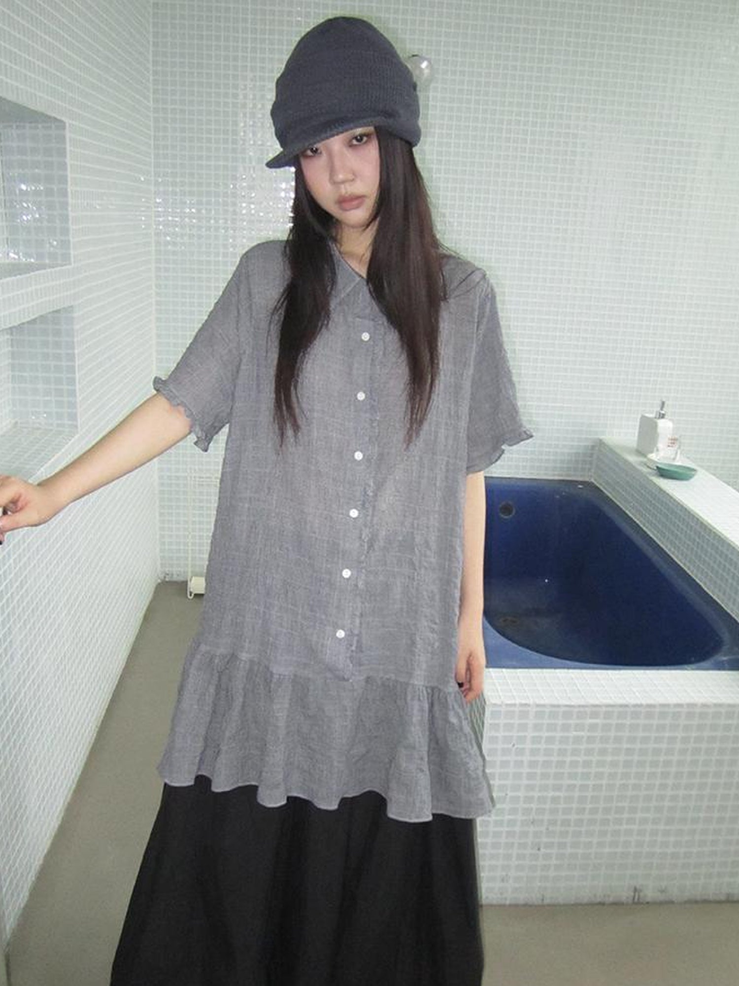 ang project Retro Gingham Collar Split Hem Short Sleeve Shirt