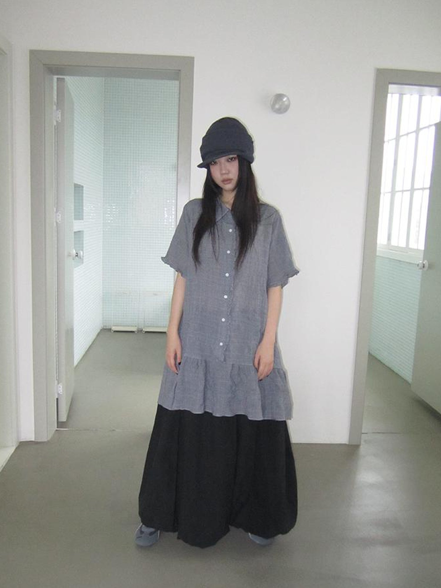 ang project Retro Gingham Collar Split Hem Short Sleeve Shirt