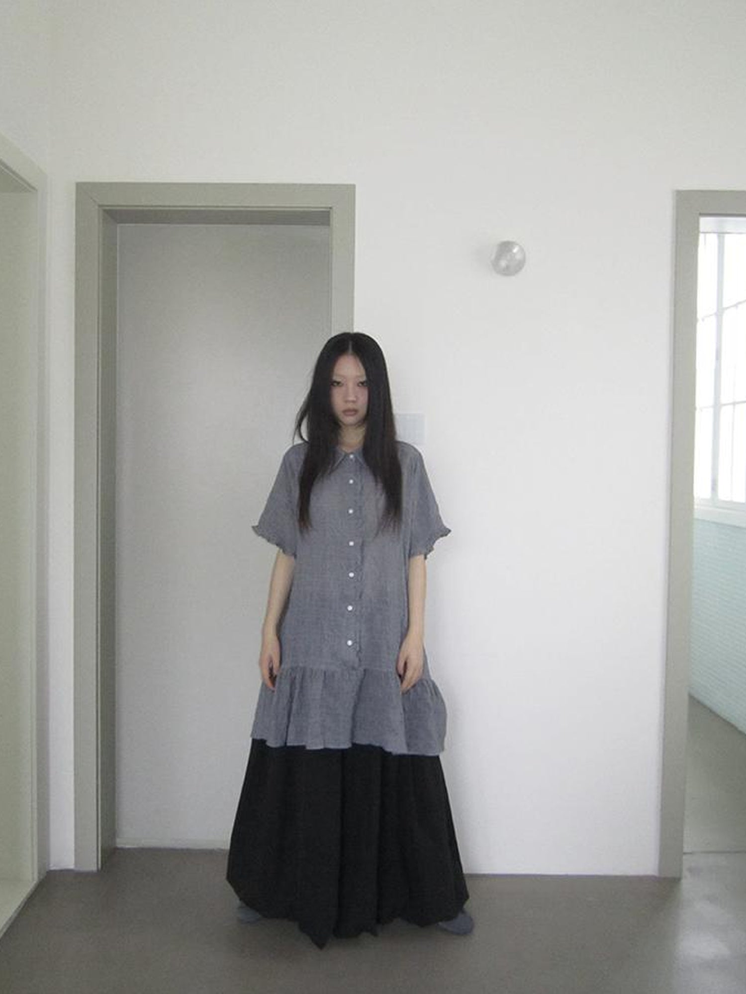 ang project Retro Gingham Collar Split Hem Short Sleeve Shirt