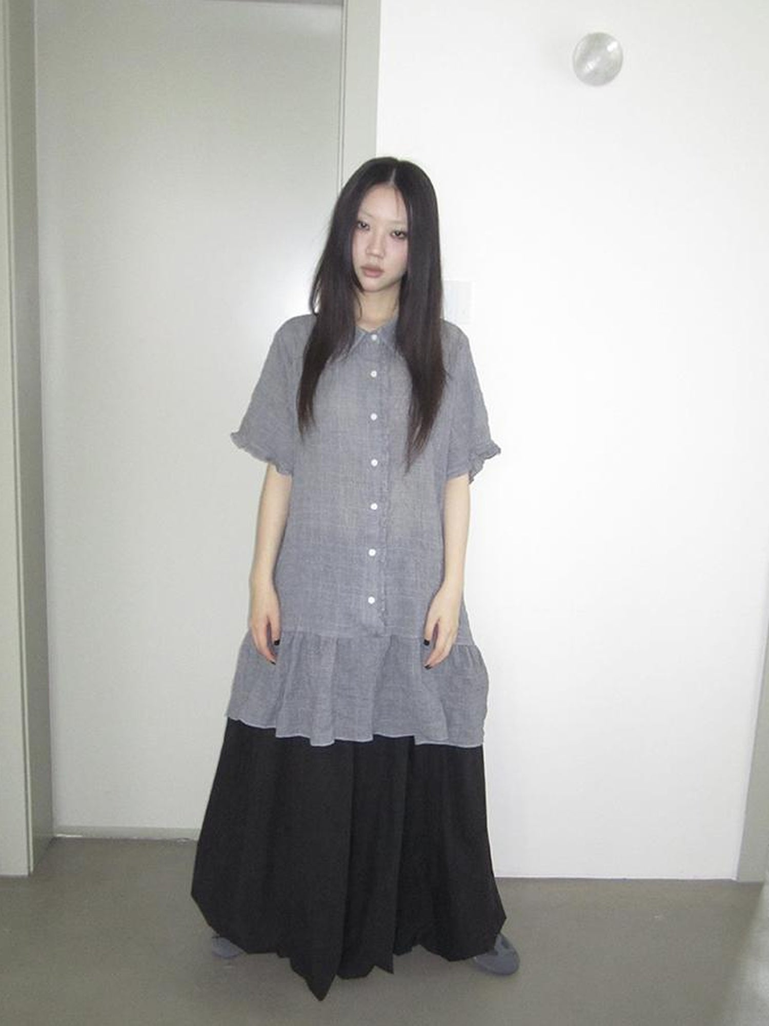 ang project Retro Gingham Collar Split Hem Short Sleeve Shirt