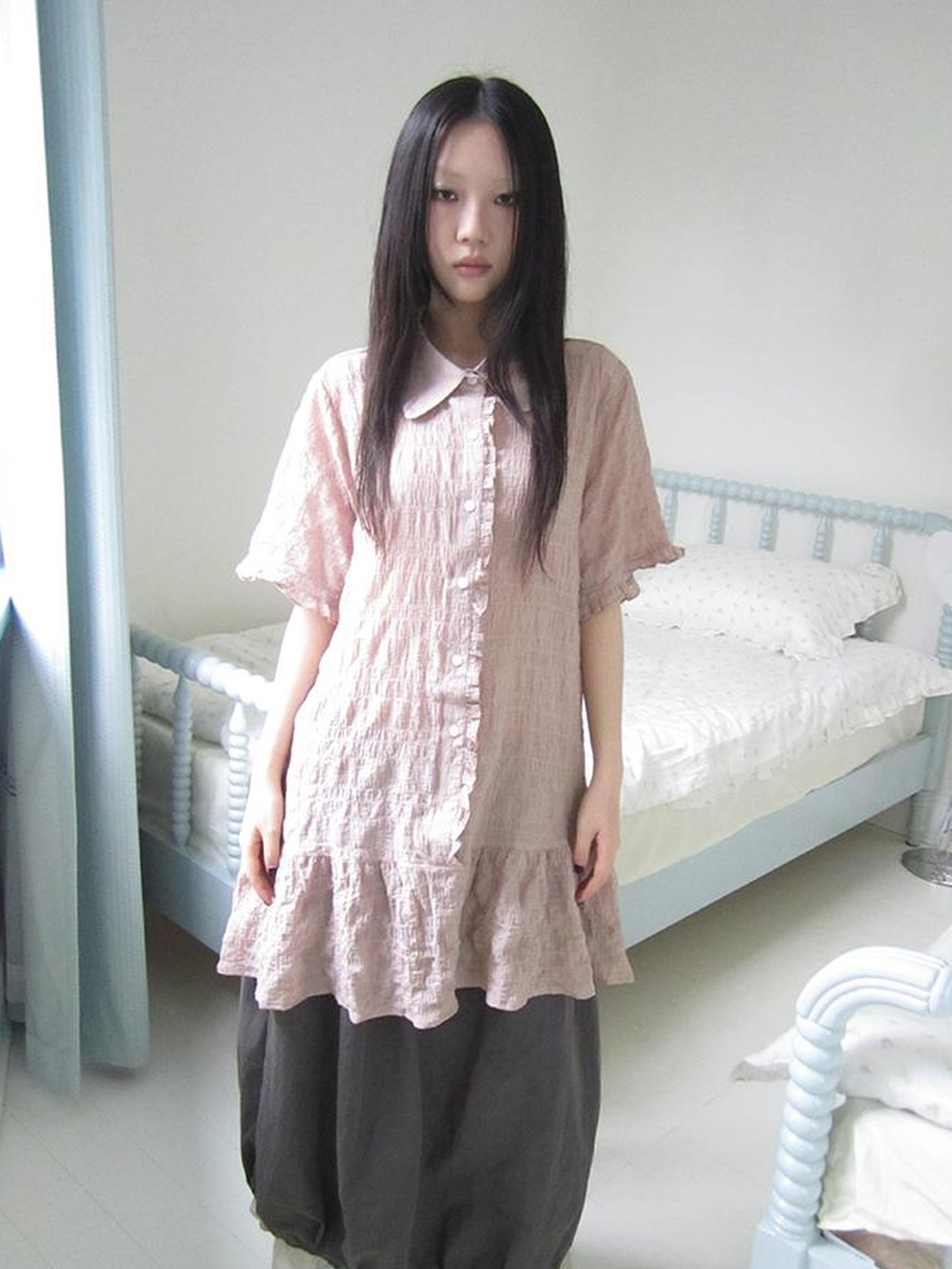 ang project Retro Gingham Collar Split Hem Short Sleeve Shirt