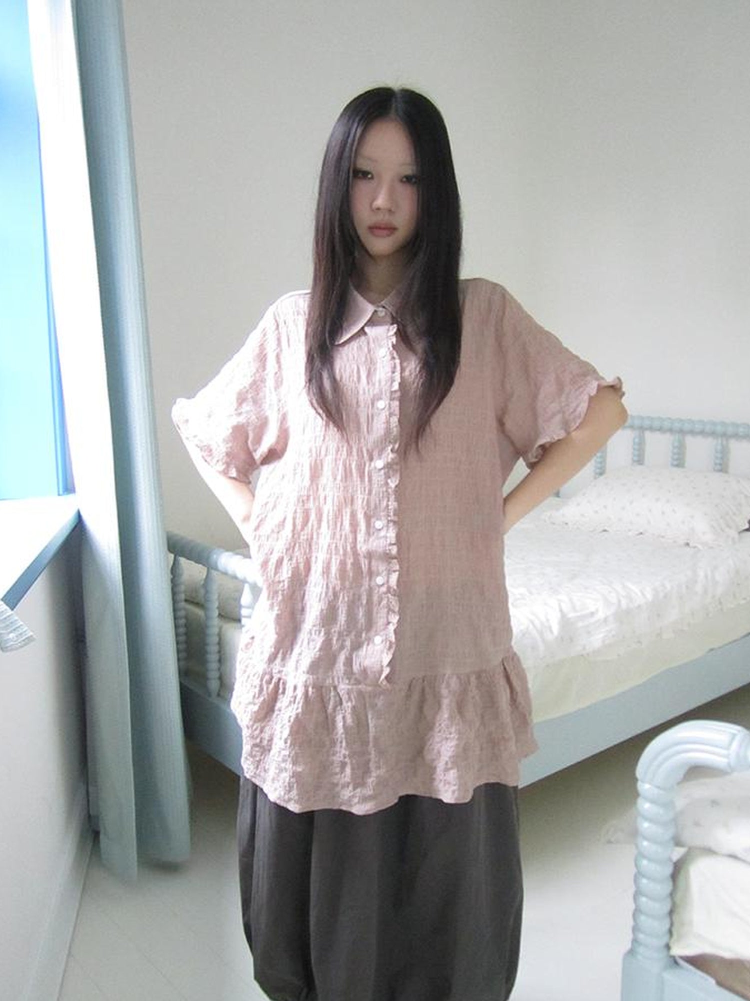ang project Retro Gingham Collar Split Hem Short Sleeve Shirt