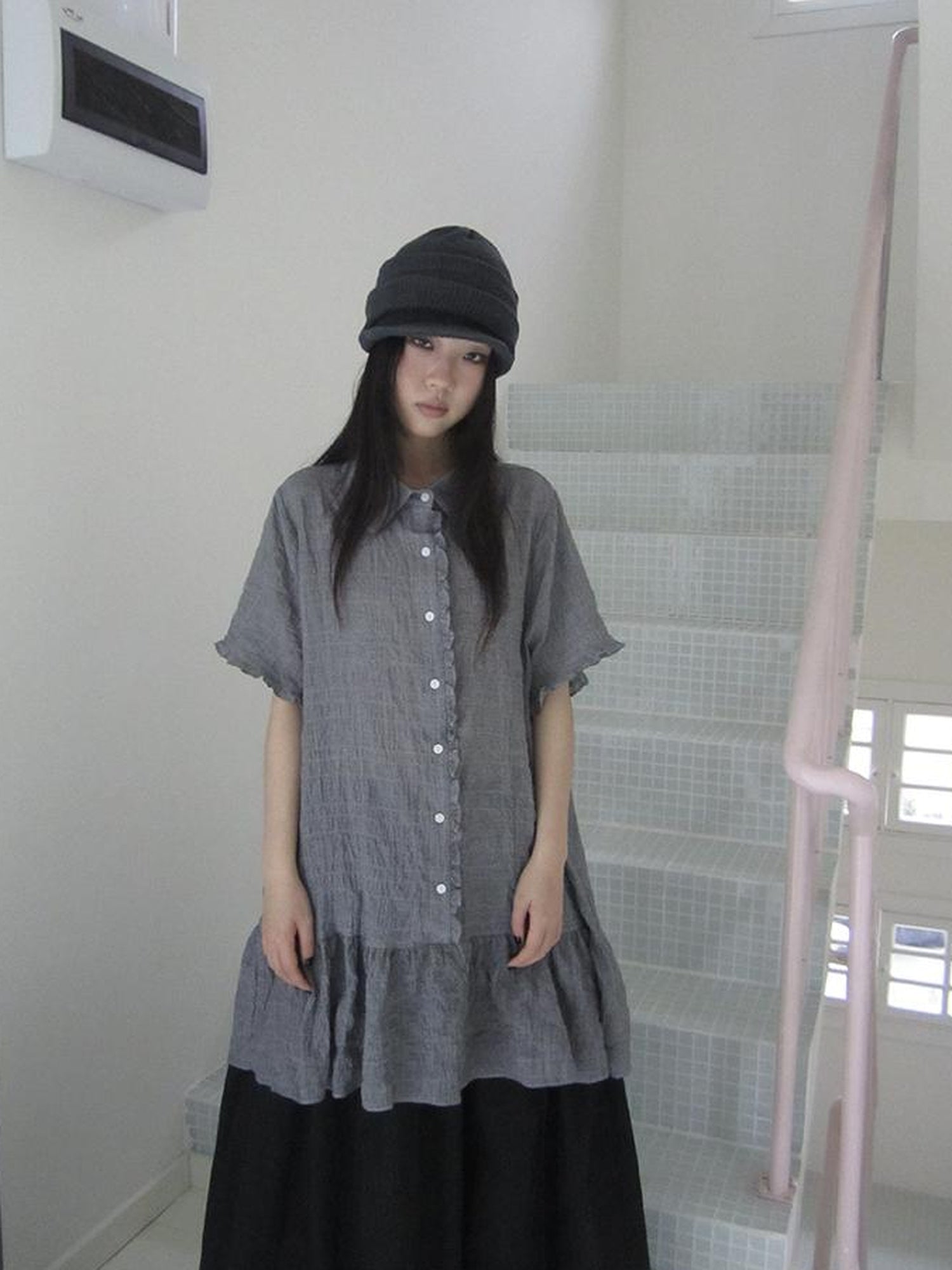 ang project Retro Gingham Collar Split Hem Short Sleeve Shirt