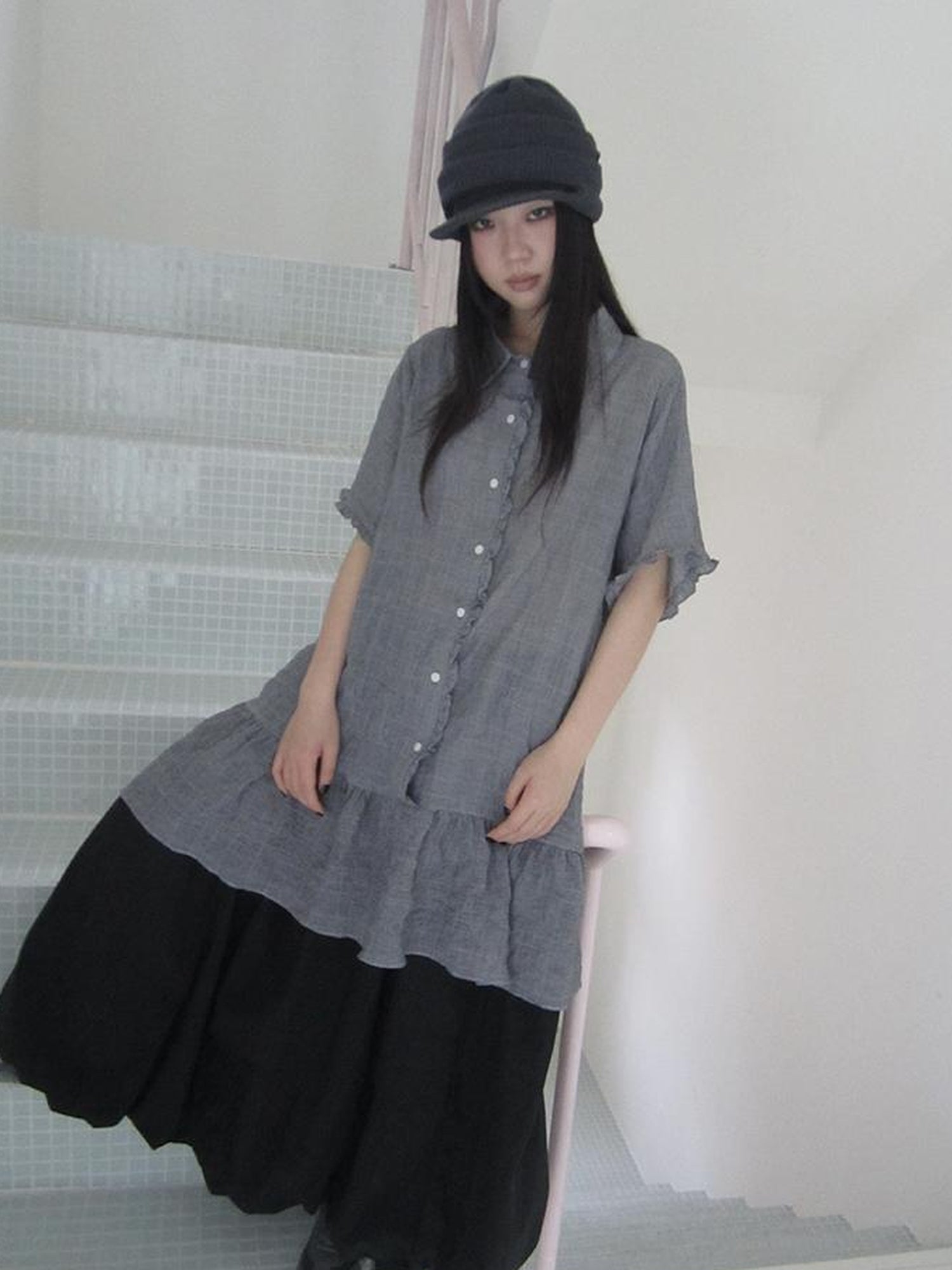 ang project Retro Gingham Collar Split Hem Short Sleeve Shirt