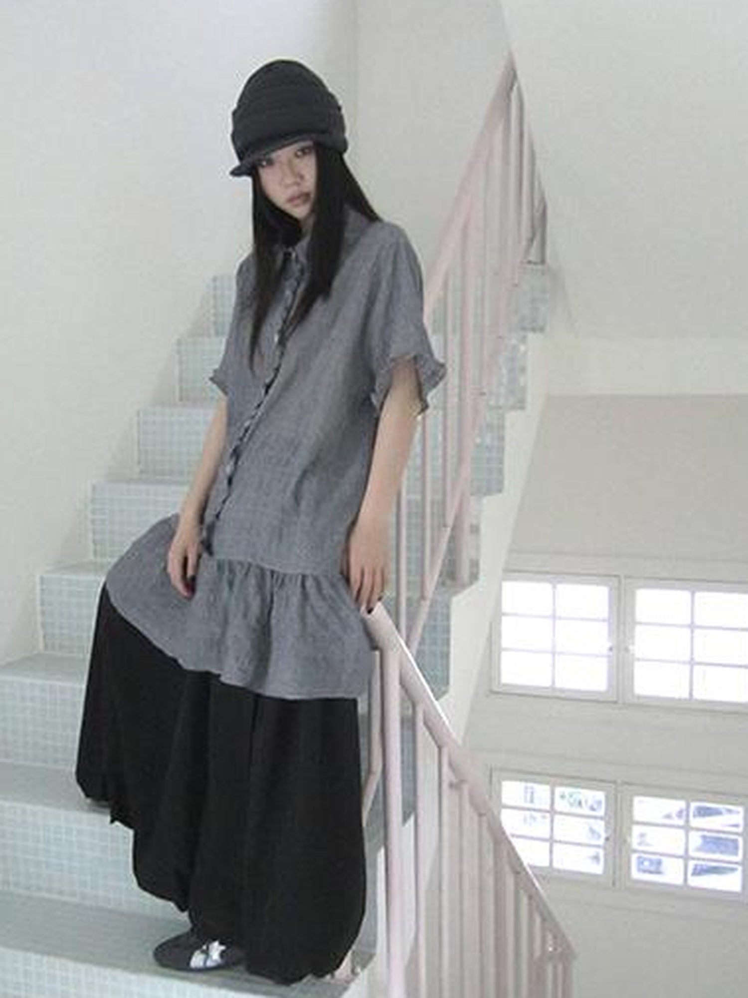ang project Retro Gingham Collar Split Hem Short Sleeve Shirt