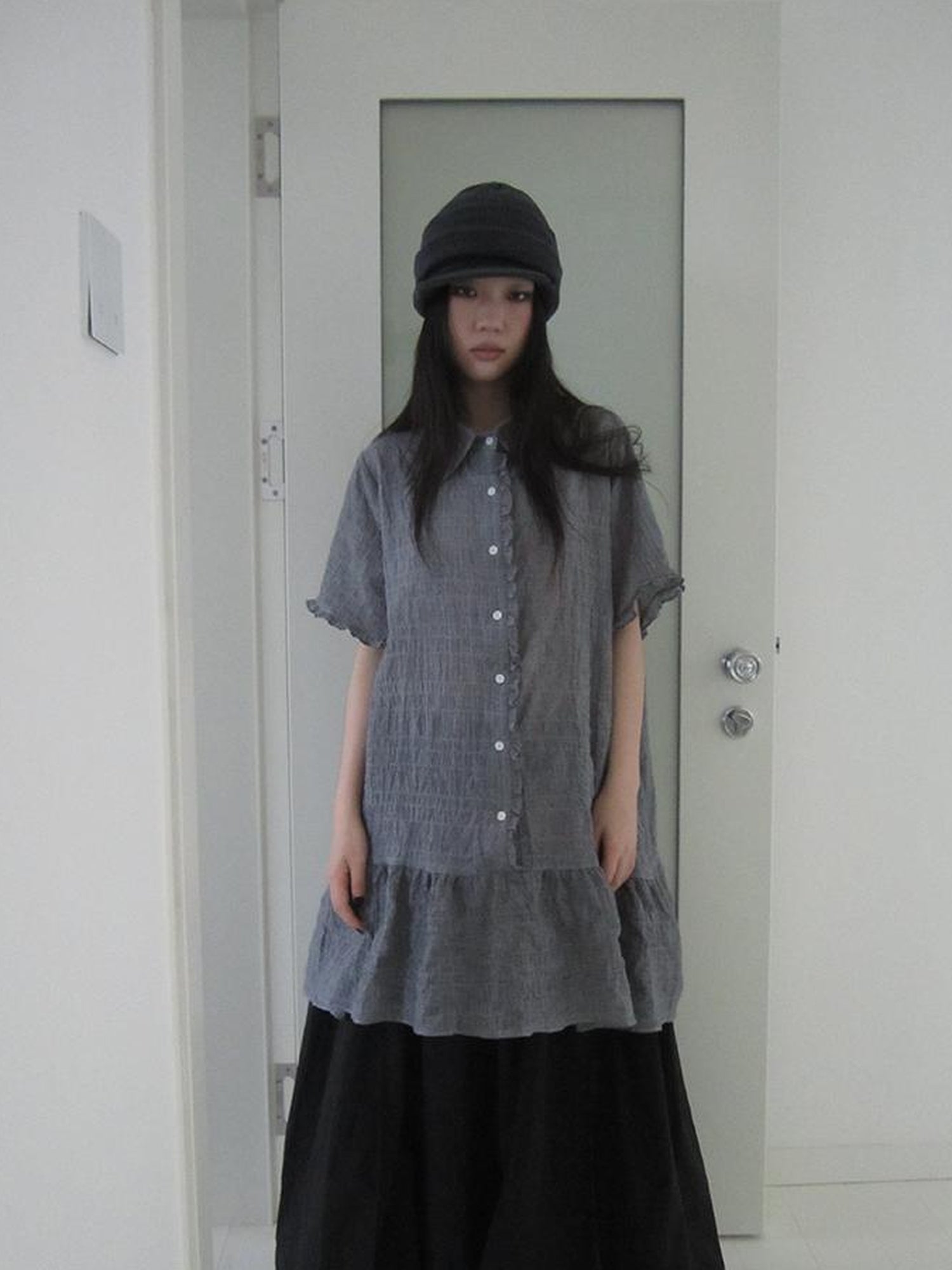 ang project Retro Gingham Collar Split Hem Short Sleeve Shirt