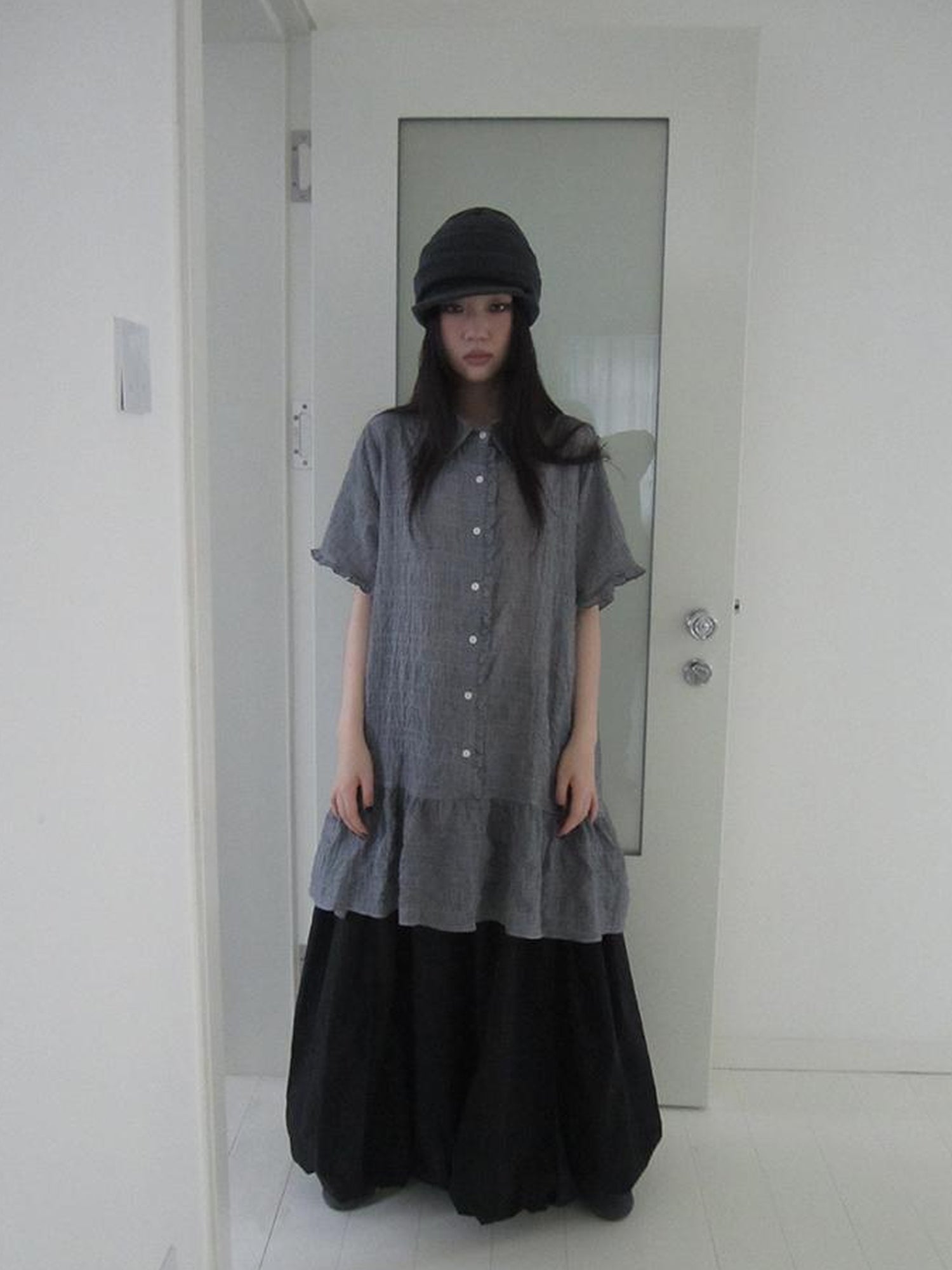 ang project Retro Gingham Collar Split Hem Short Sleeve Shirt