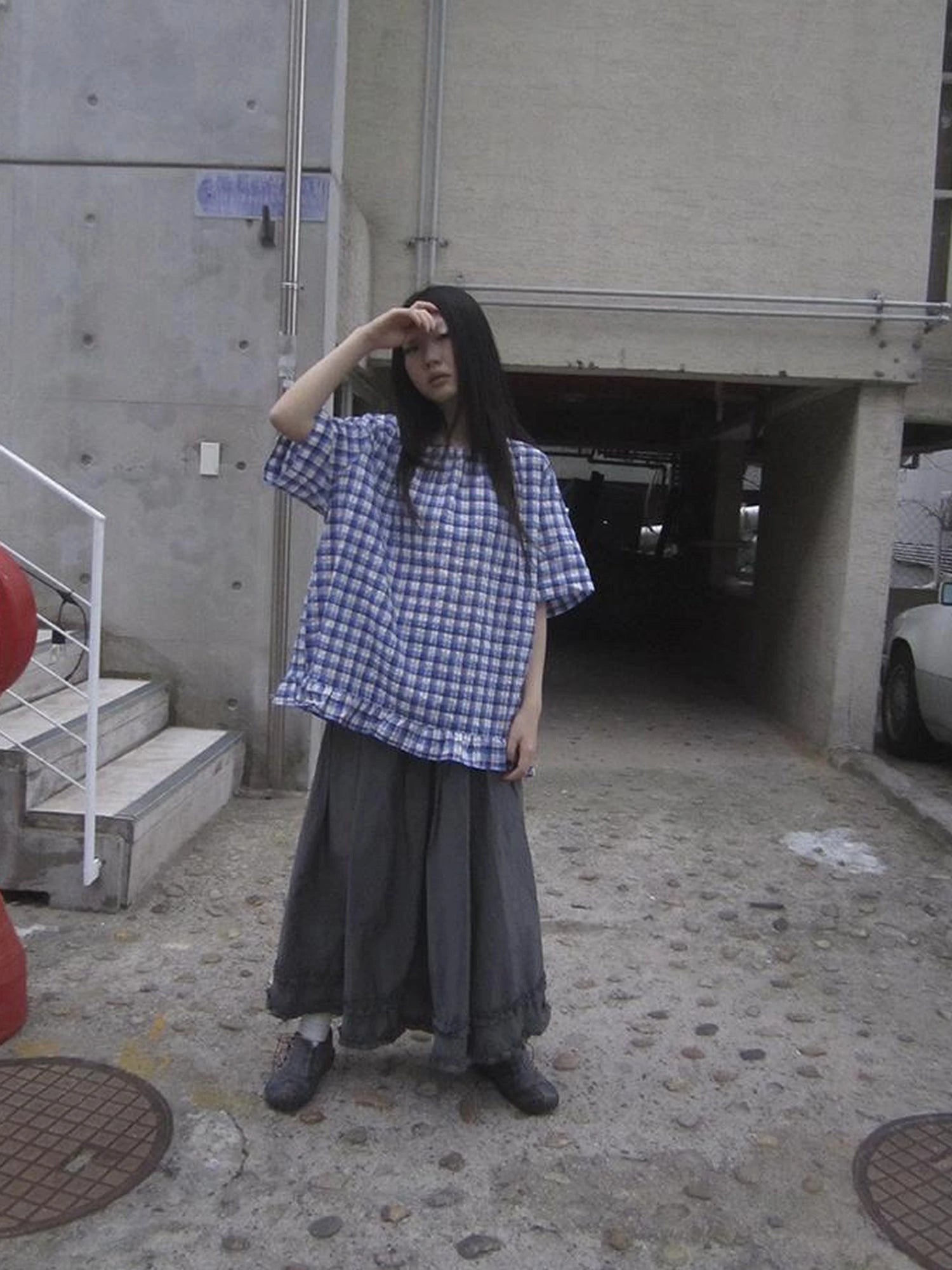 Retro Gray A Line Skirt With Lace Hem And Elastic Waist