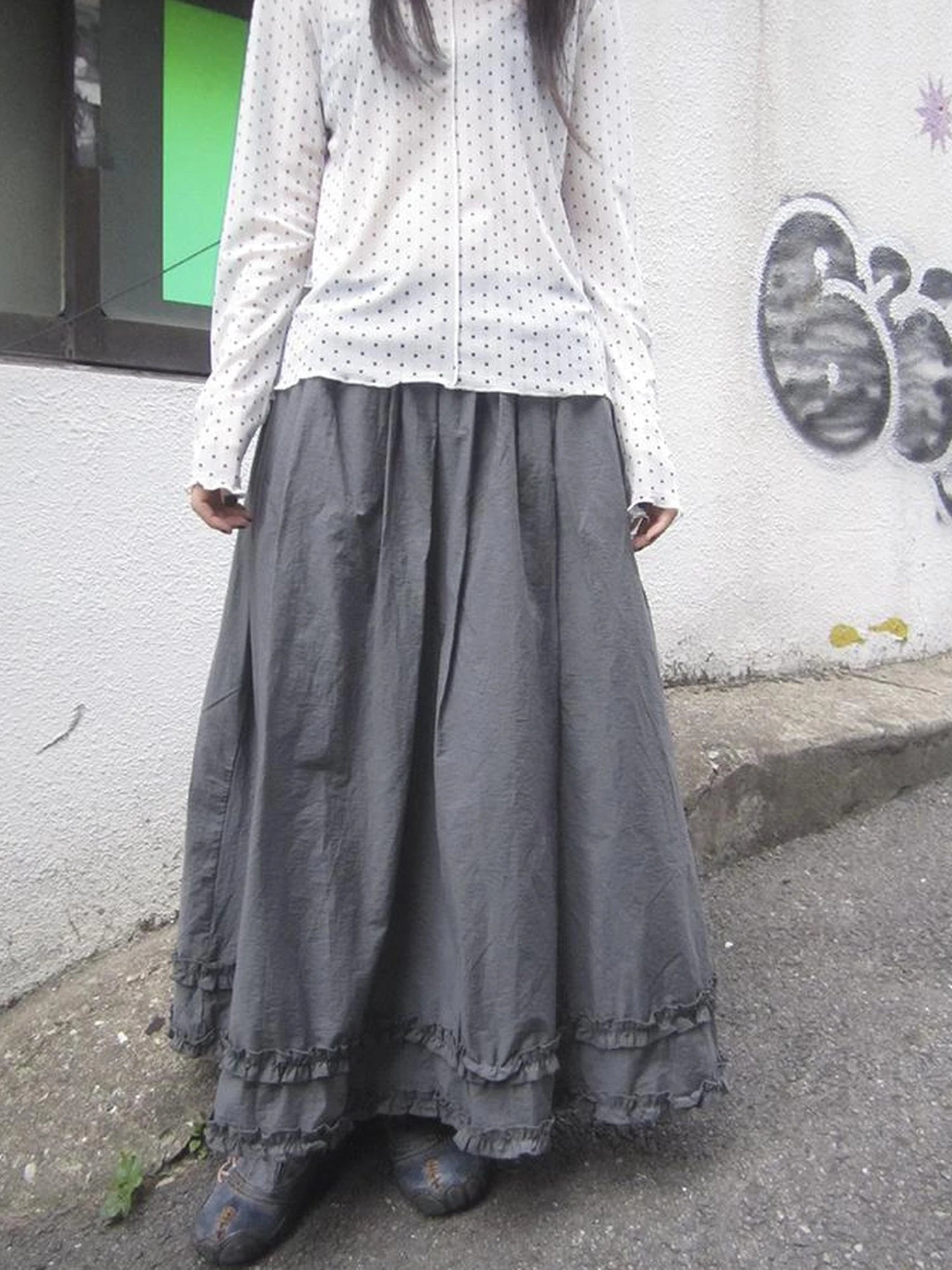 Retro Gray A Line Skirt With Lace Hem And Elastic Waist