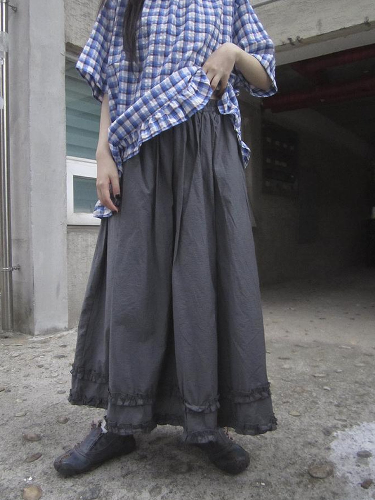 ang project Retro Gray A Line Skirt With Lace Hem And Elastic Waist