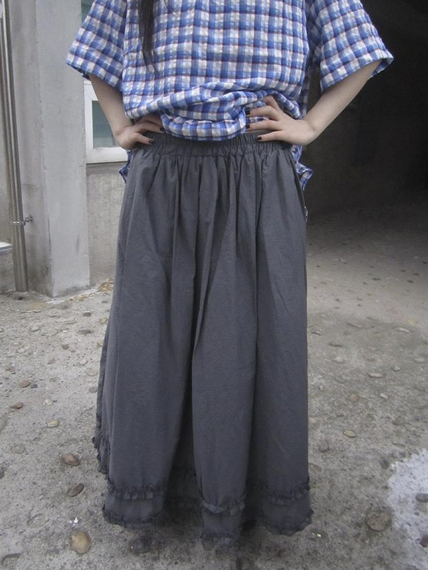 ang project Retro Gray A Line Skirt With Lace Hem And Elastic Waist