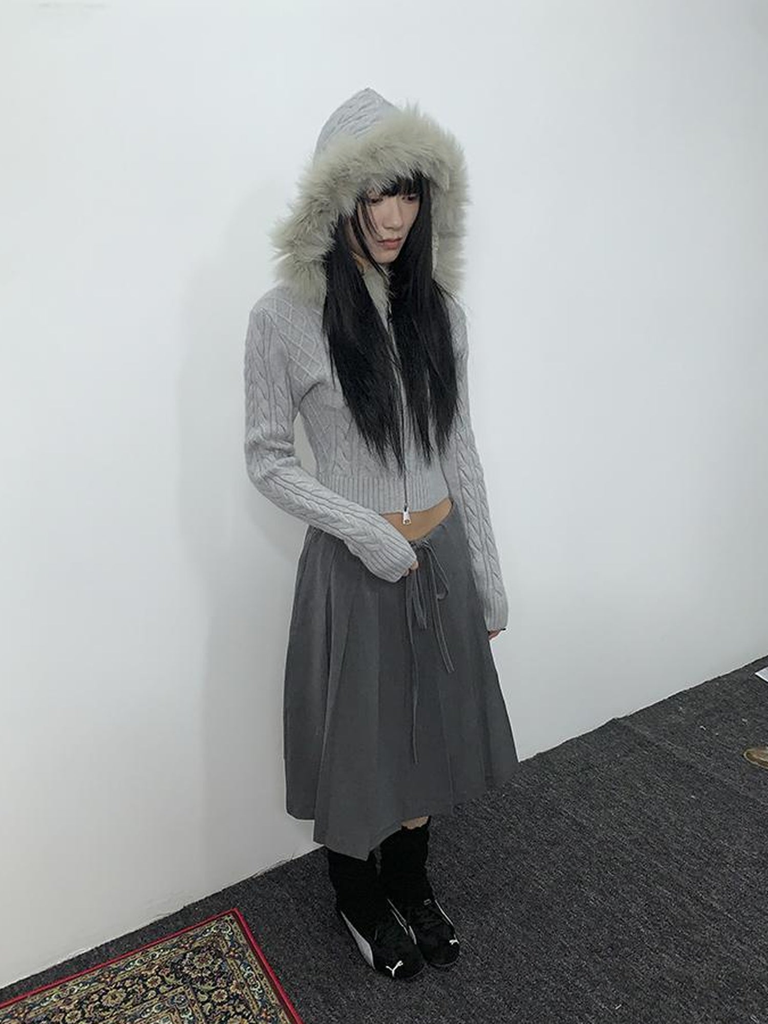 ang project Retro Gray Plaid High Waist Wrap Waist Midi Skirt