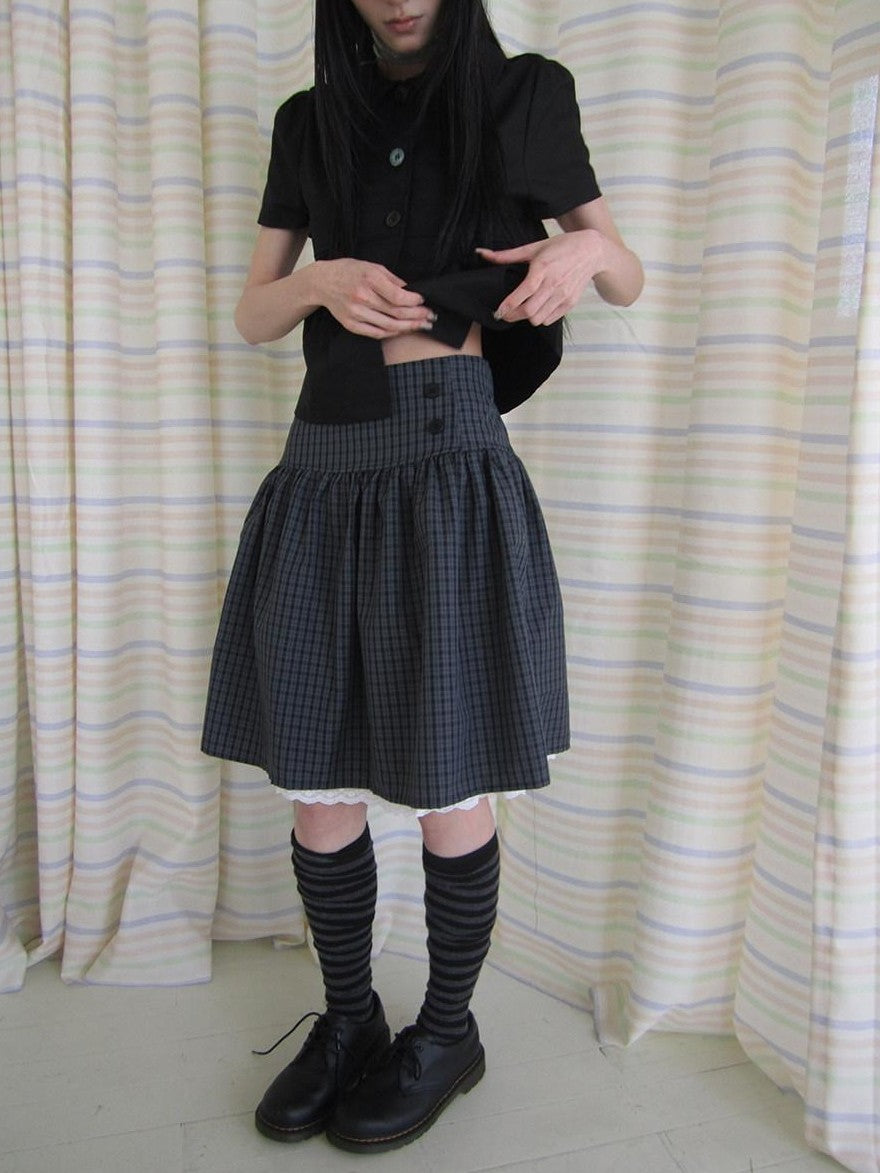 ang project Retro Grey Plaid Lace Splice High Waist Women&