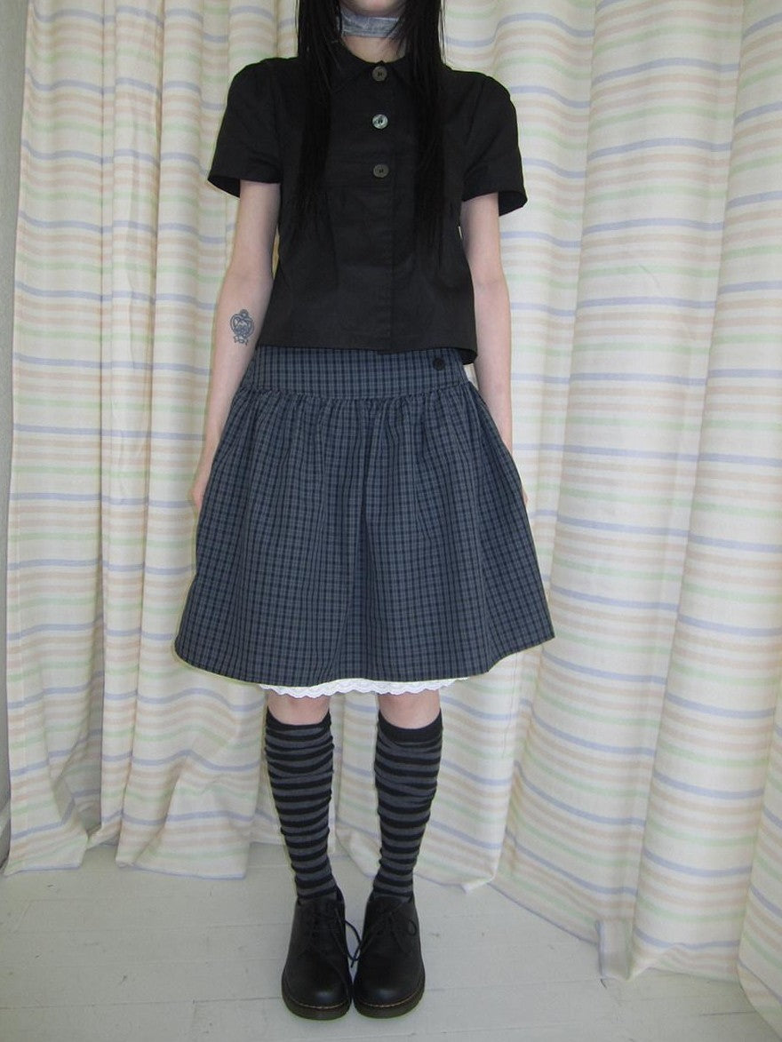 ang project Retro Grey Plaid Lace Splice High Waist Women&