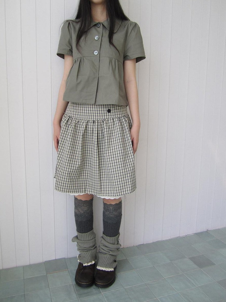 ang project Retro Grey Plaid Lace Splice High Waist Women&