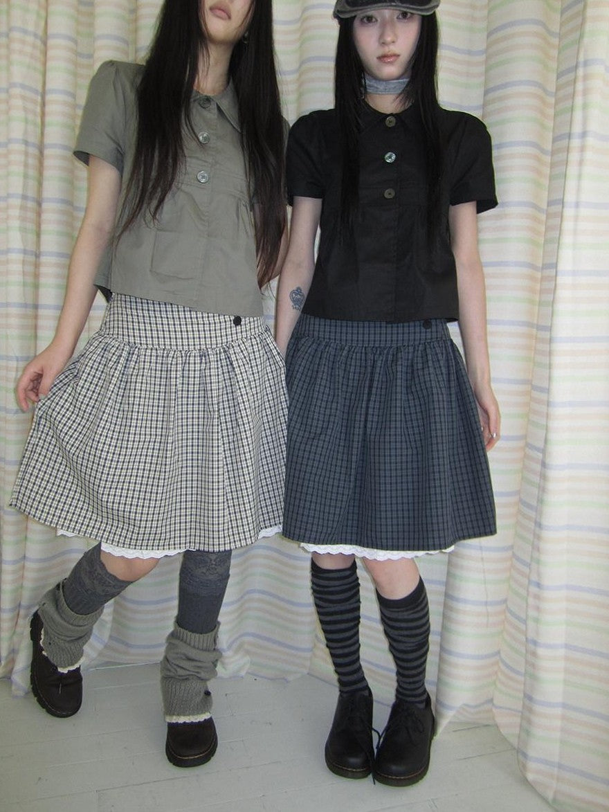 ang project Retro Grey Plaid Lace Splice High Waist Women&