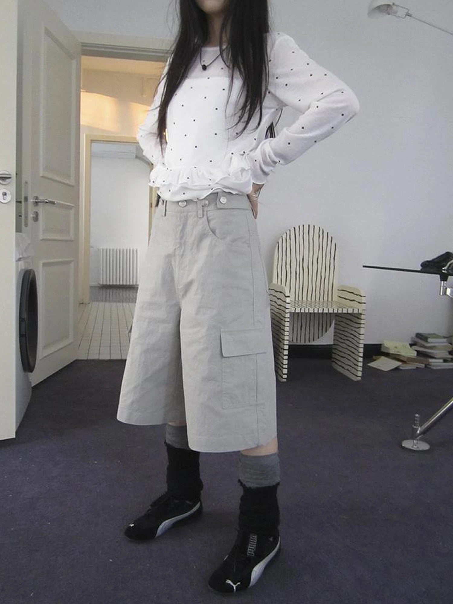 Retro High Waisted Cargo Capri Pants With Oversized Pockets