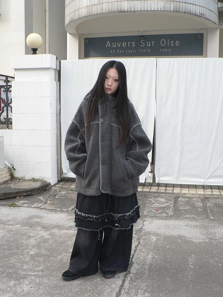 ang project Retro Hooded Button Fleece Lined Oversized Women&