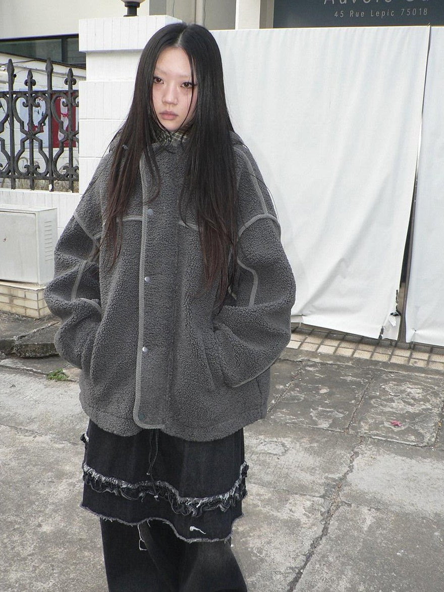 ang project Retro Hooded Button Fleece Lined Oversized Women&