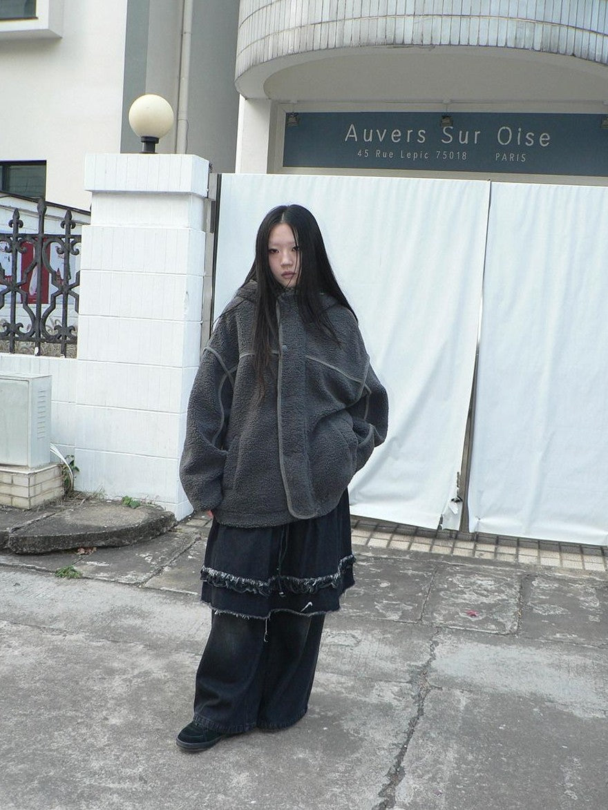 ang project Retro Hooded Button Fleece Lined Oversized Women&