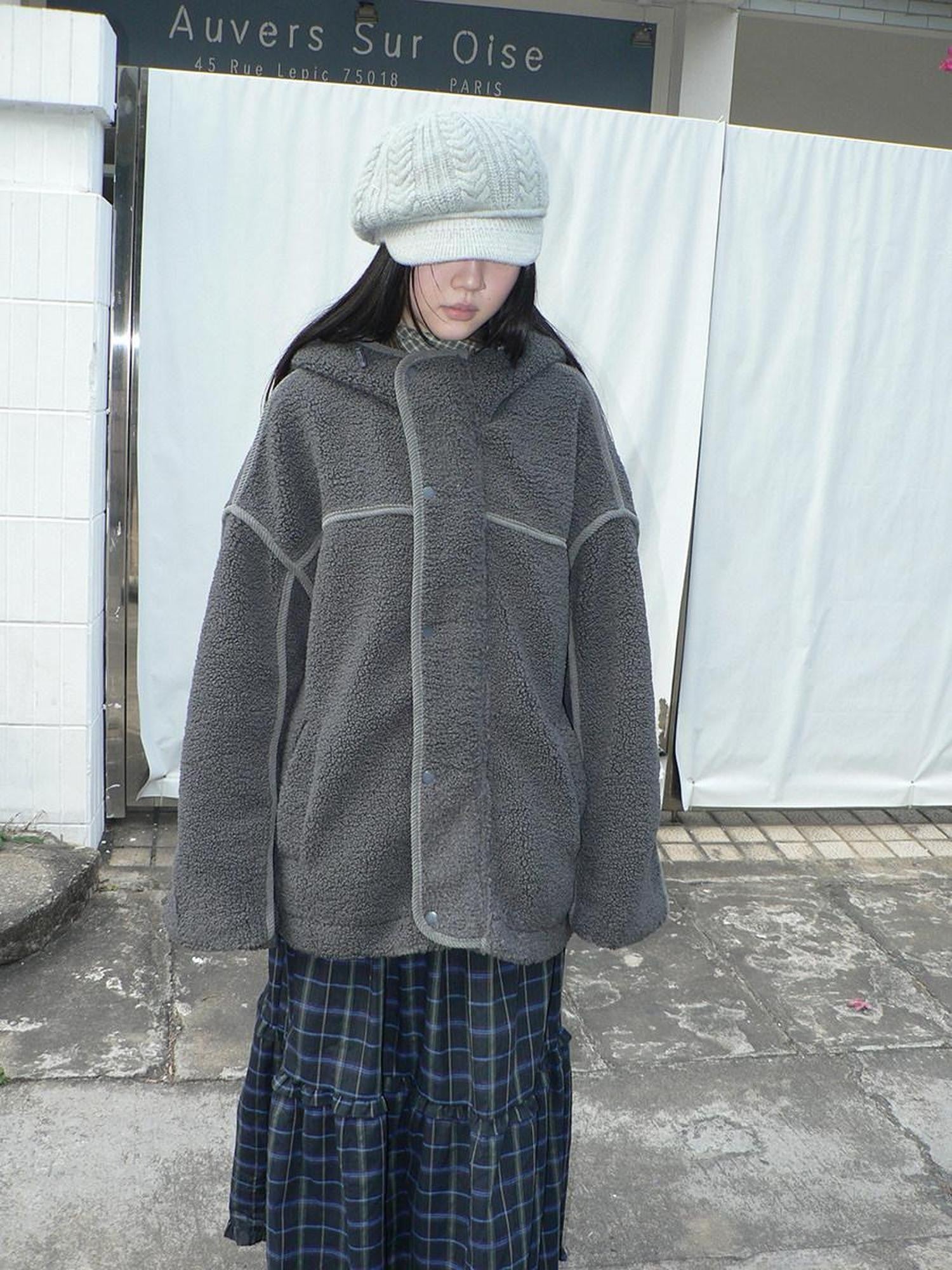 ang project Retro Hooded Button Fleece Lined Oversized Women&