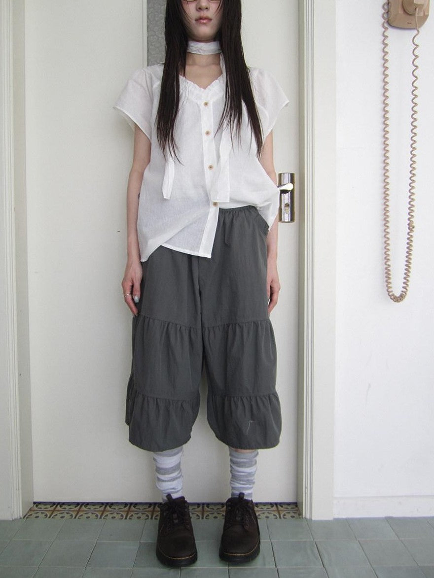 ang project Retro Korean Pleated Tulip Hem Elastic Waist Lantern Wide Leg Women&