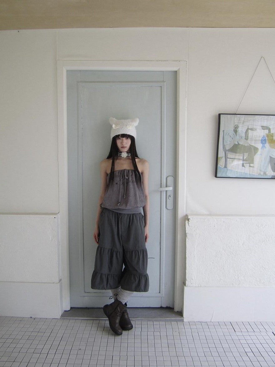 ang project Retro Korean Pleated Tulip Hem Elastic Waist Lantern Wide Leg Women&