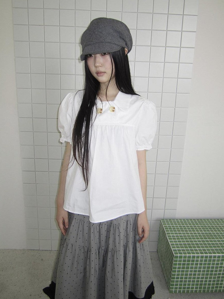 ang project Retro Korean Puff Sleeve Lapel Collar Loose Solid Women&