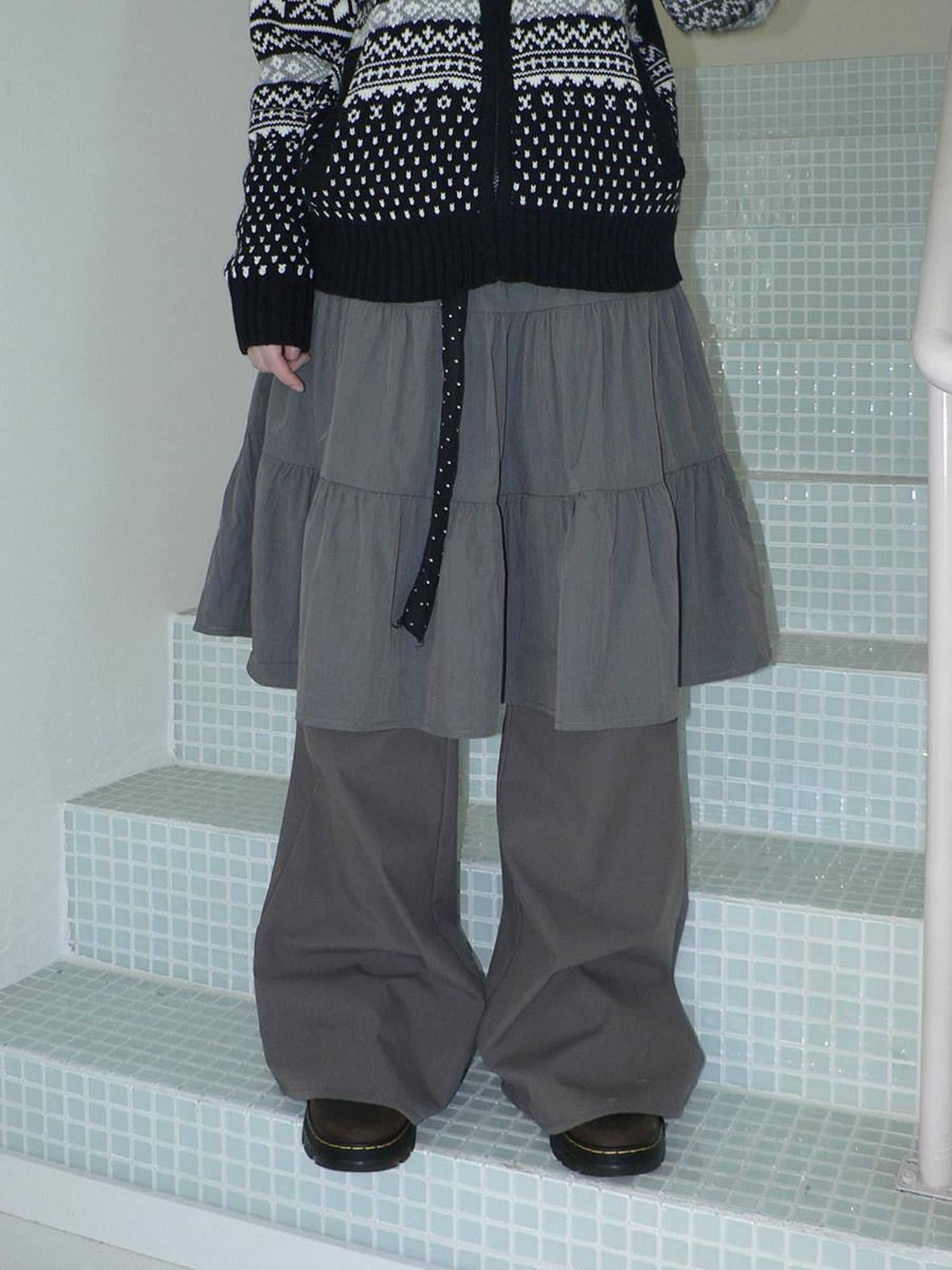 ang project Retro Minimalist Gray Spliced Skort Straight Leg Natural Waist One Size Pants