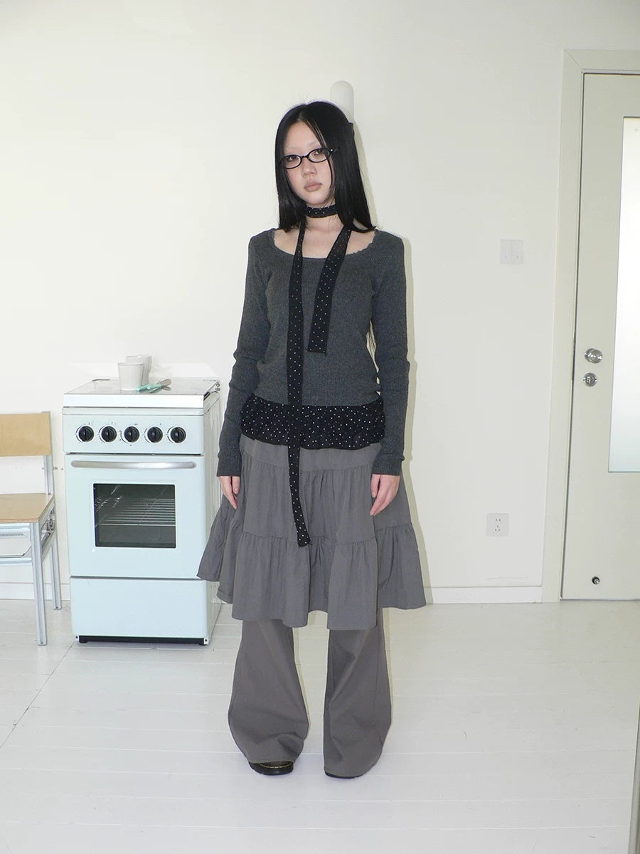 ang project Retro Minimalist Gray Spliced Skort Straight Leg Natural Waist One Size Pants